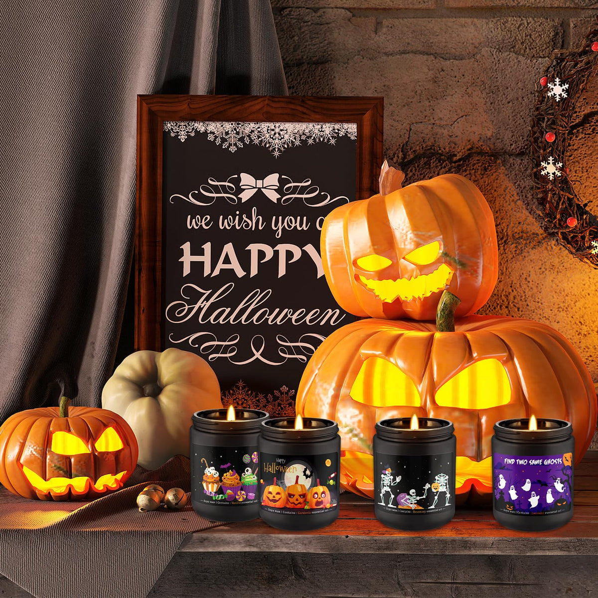 4 Pack 8Oz Halloween Scented Candles for Home Scented Aromatherapy Candles, Soy Wax Autumn Candle Gift Set for Women Men,Home Decoration,Themed Party Decor