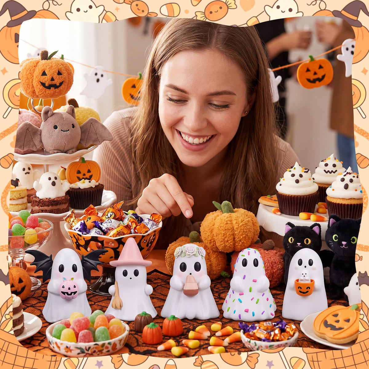 Simgoing 5 Pcs Halloween Cute Ghost Figurines Resin Pastel Halloween Decorations Ghost Figurine with Pumpkin Bucket, Witch Hat, Bat, Candy, Flower Spooky Statue Home Decor for Table Tiered Tray Mantel