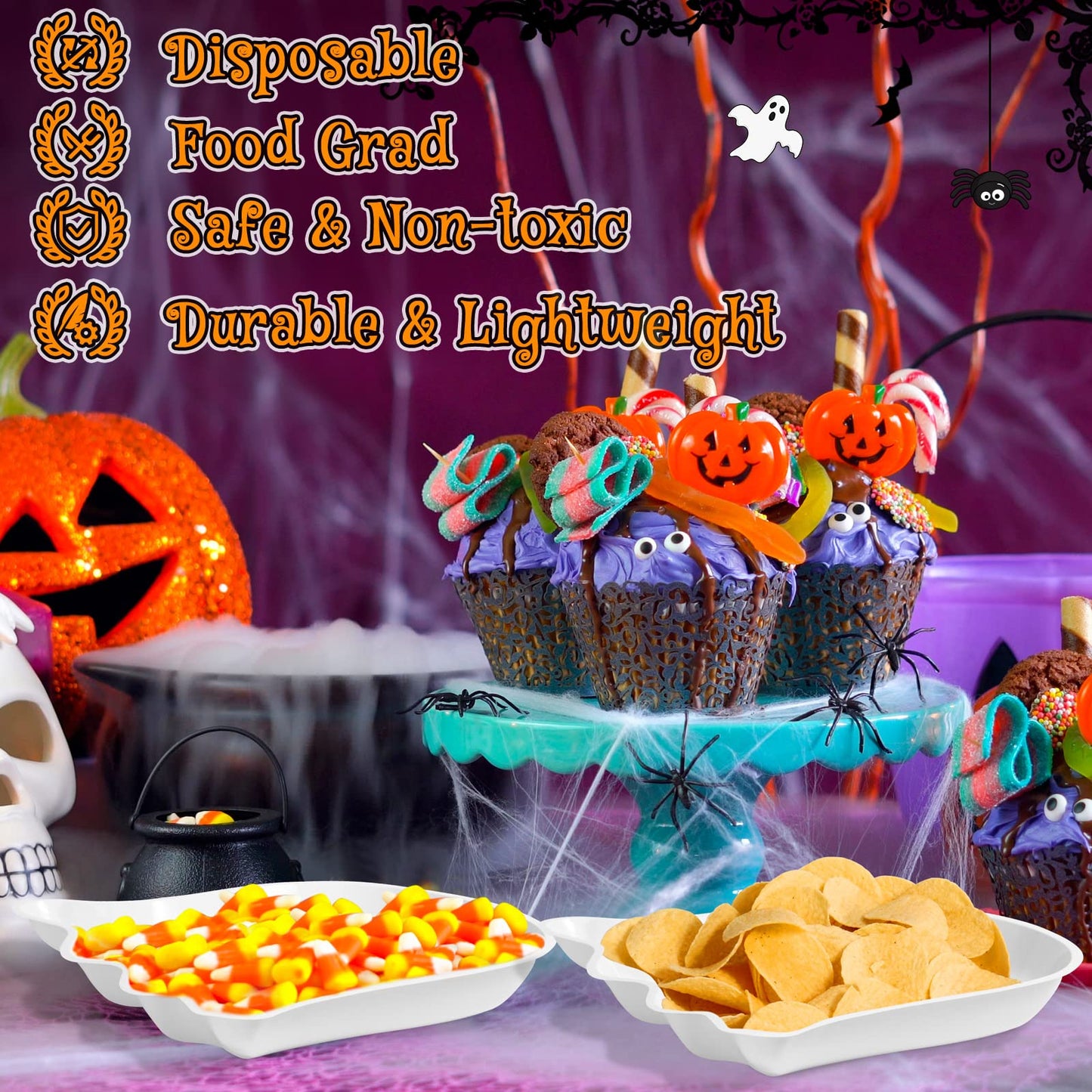 Sawysine 24 Pieces Halloween Party Serving Trays, Plastic Orange Pumpkin Black Cat White Ghost Plates Halloween Party Tableware Supplies for Holiday Decorations(White,Ghost)