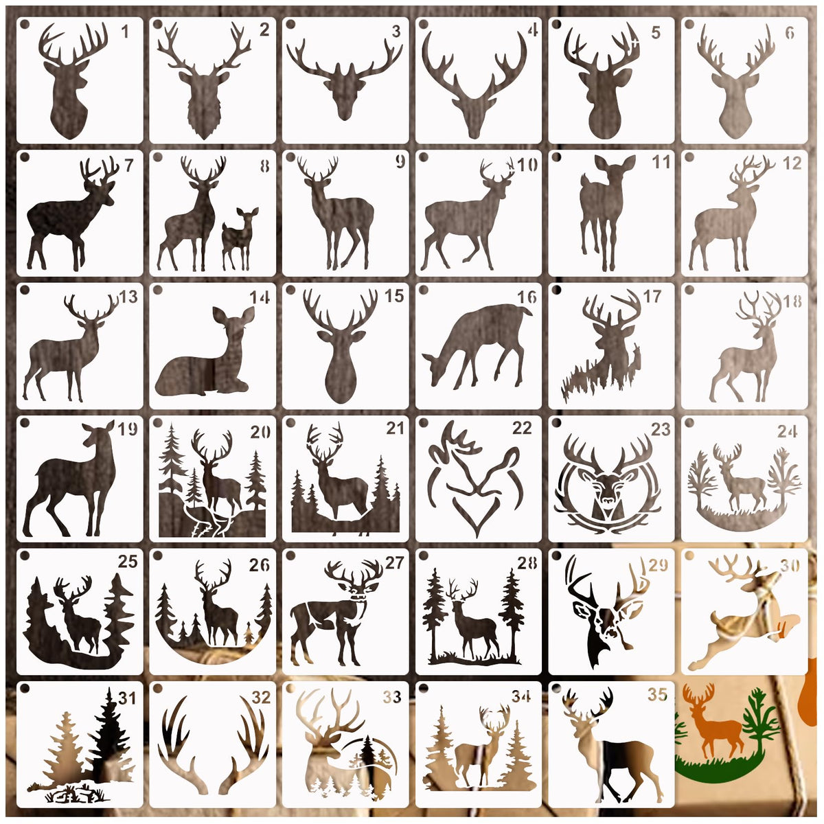 35 Pack Deer Stencils for Painting on Wood, Pine Tree Stencils Deer Head Antlers Stencil Forest Animal Template for DIY Craft Wall Fabric Rock Chalkboard Sign School Art Scrapbook Projects (Deer)