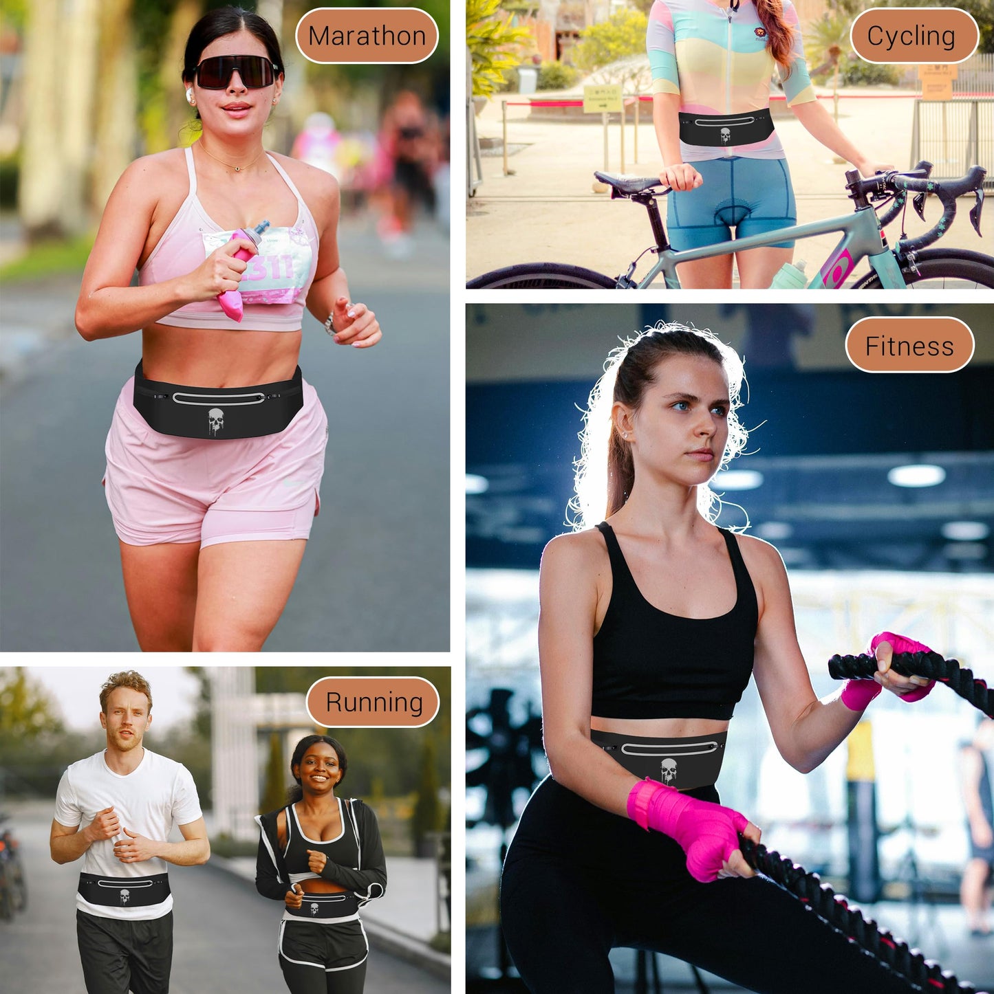 Skull Running Belt Waist Fanny Pack Phone Holder for Women, Waterproof Reflective Running Pack for Men Black Skull Jogging Pouch Adjustable,Horror Grim Reaper Wallet Holder for Hiking Cycling Workout