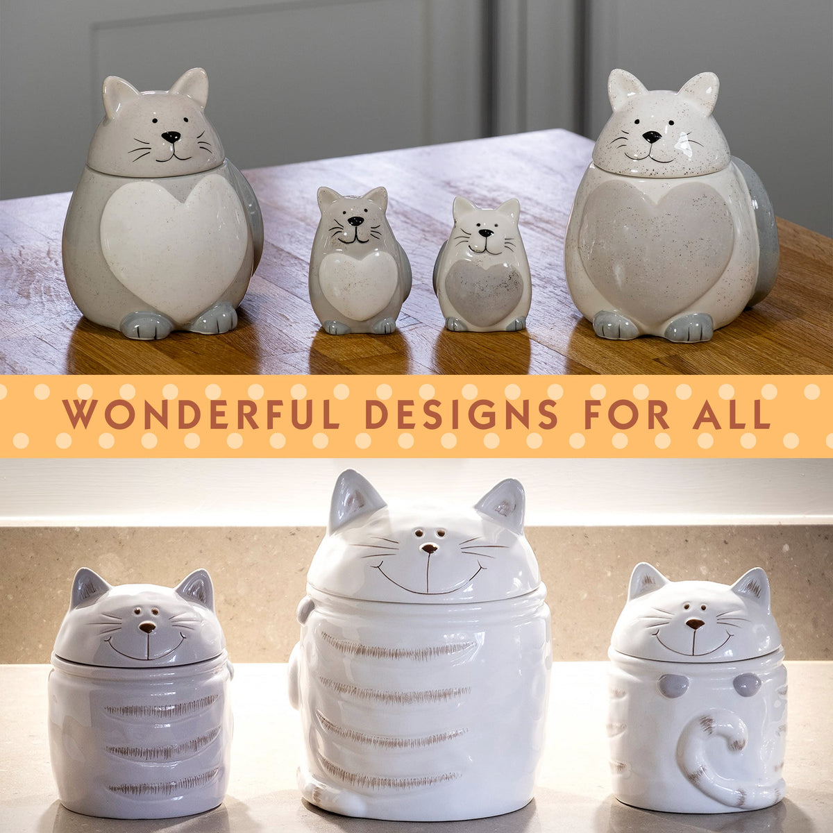 SPOTTED DOG GIFT COMPANY Ceramic Jar with Lid for Countertop, Cat Treat Container, Cute Decorative Kitchen Storage Jar for Tea Coffee Sugar, Gifts for People Who Love Cats, White 16oz
