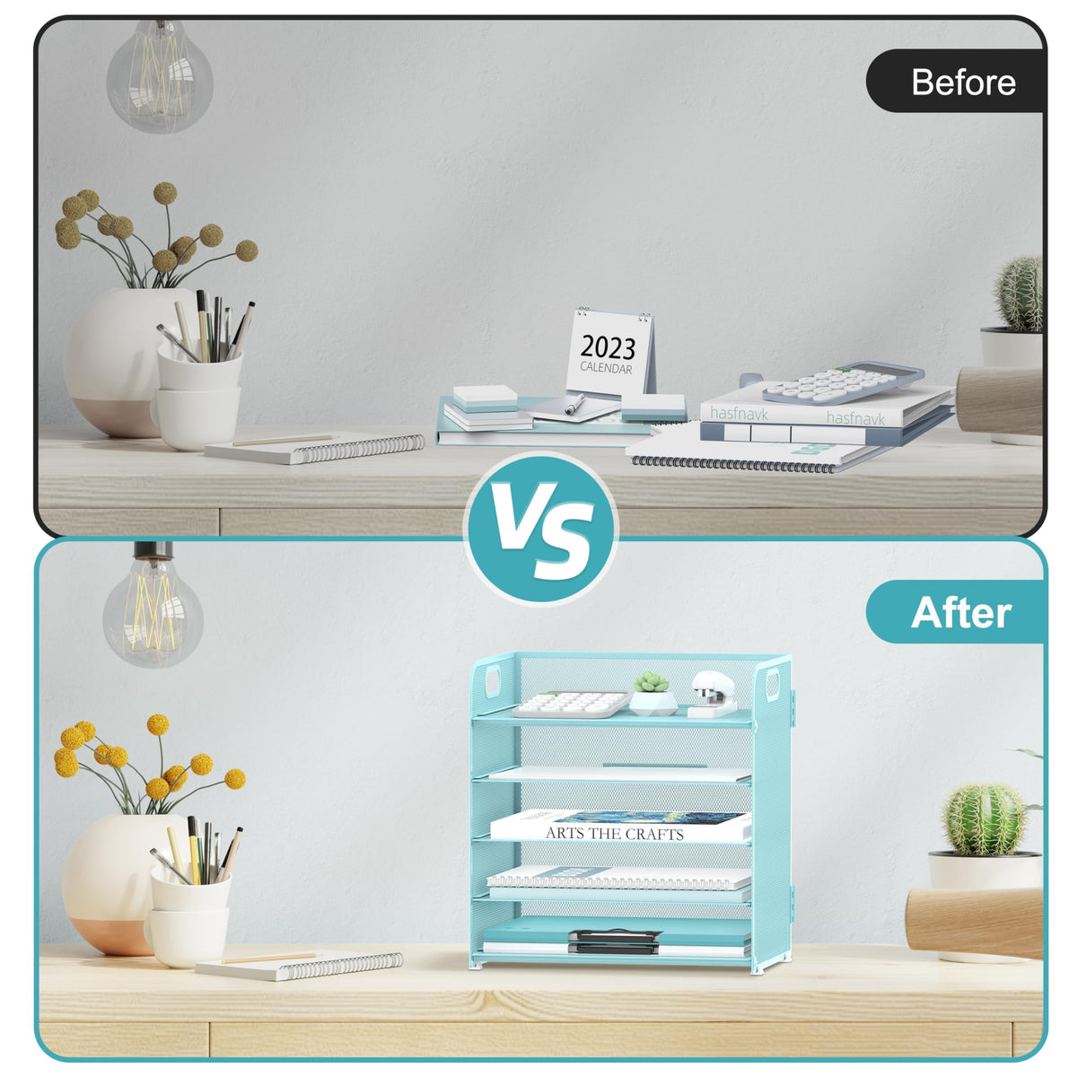 2 Pack 5-Tier Blue Desk Organizer with Handle Mesh Desk File/Paper Organizer Letter Tray for Office, School and Home Easy Installation