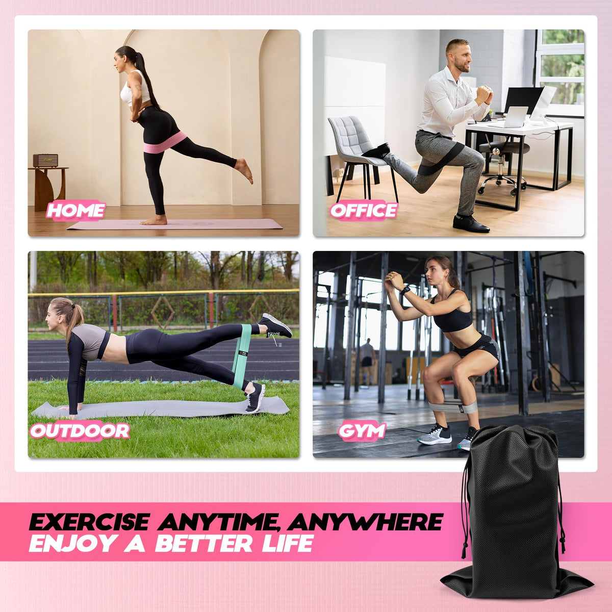 Resistance Bands for Working Out with Guide, 4 Workout Bands for Women & Men, Fabric Exercise Bands for Legs, Hip, Glute, Butt, Booty Bands Set for Yoga, Pilates, Strength (Green, Pink, Gray, Black)