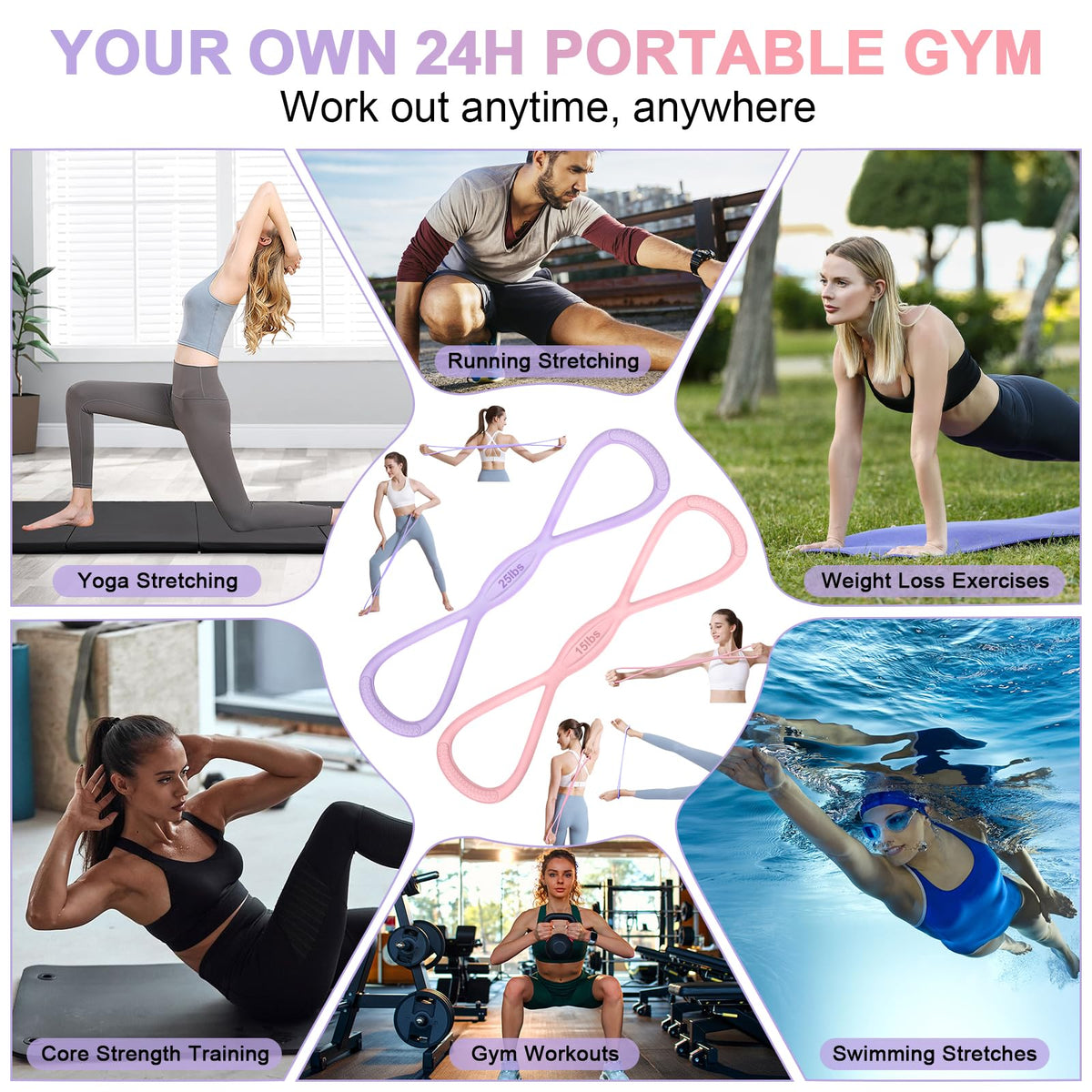 PolaZIA Figure 8 Resistance Band: Resistance Bands with Handles for Working Out - 8 Shaped Resistance Bands for Women - Exercise Bands for Arms - Fullbody Yoga Pulling Rope (15lbs Pink+25lbs Purple)