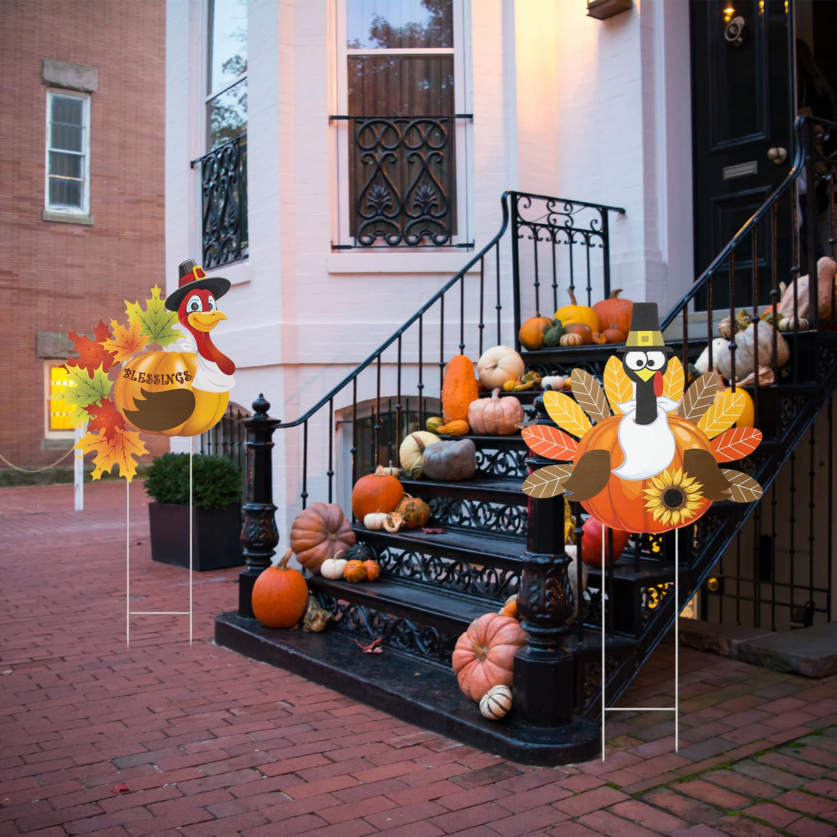 Sosation 4 Pack Thanksgiving Outdoor Decorations, Metal Turkey Yard Stakes with Pumpkin and Welcome Signs, Fall Harvest Thanksgiving Yard Decorations for Lawn, Garden, Porch, Pathway, Patio