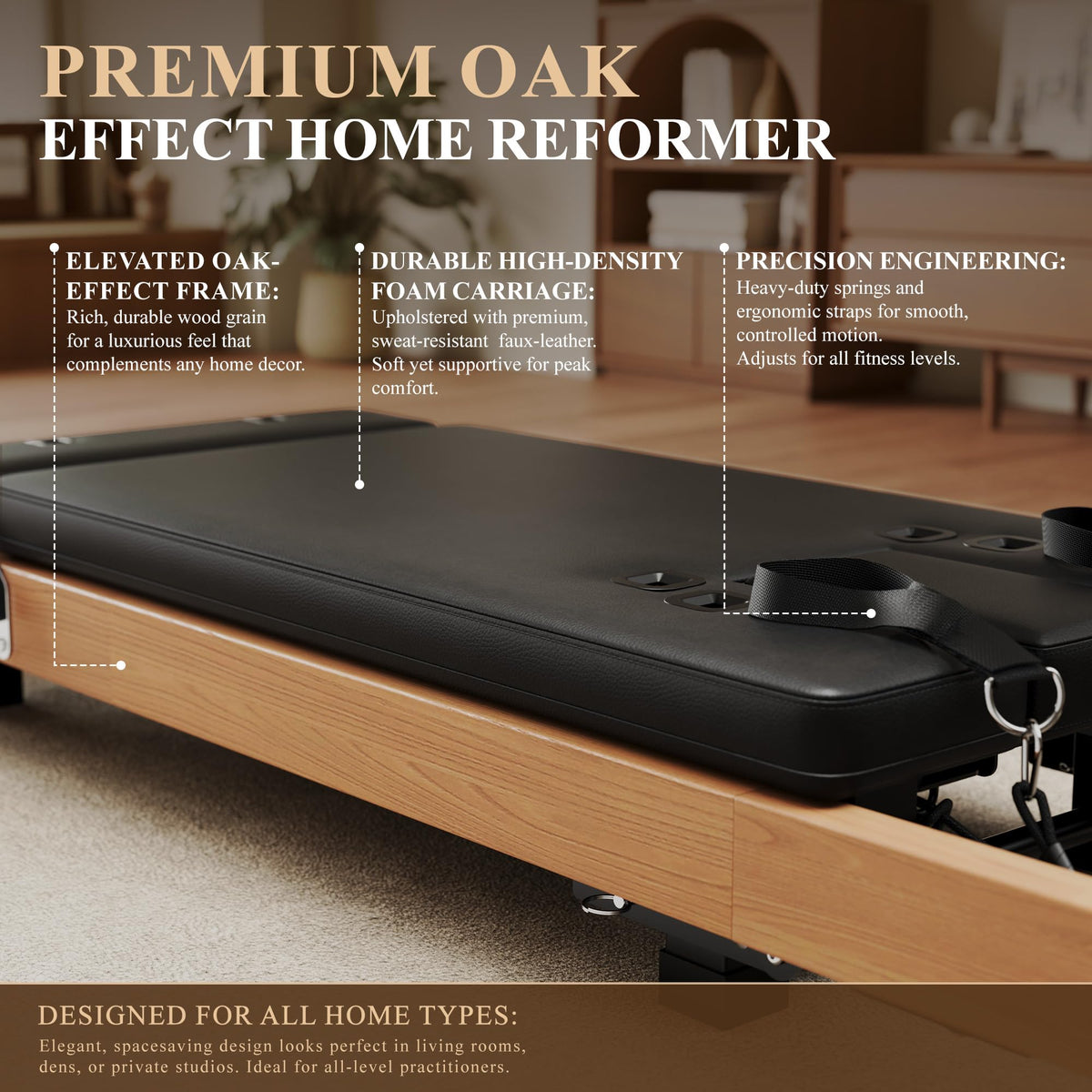 GOIMU Pilates Reformer, 91" Wooden Pilates Reformer Machine with Springs, Foldable Pilates Machine for Studio and Home, Oak Pilates Equipment with Jump Board