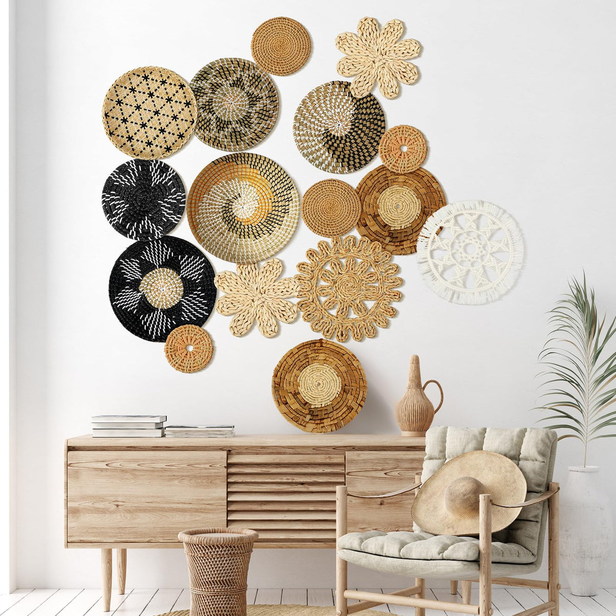 Xuhal 15 Pcs Boho Wall Basket Decor Handcrafted Seagrass Woven Wall Basket Rustic Round Woven Hanging Art for Home Farmhouse Kitchen Table Living Room(Stylish Style)