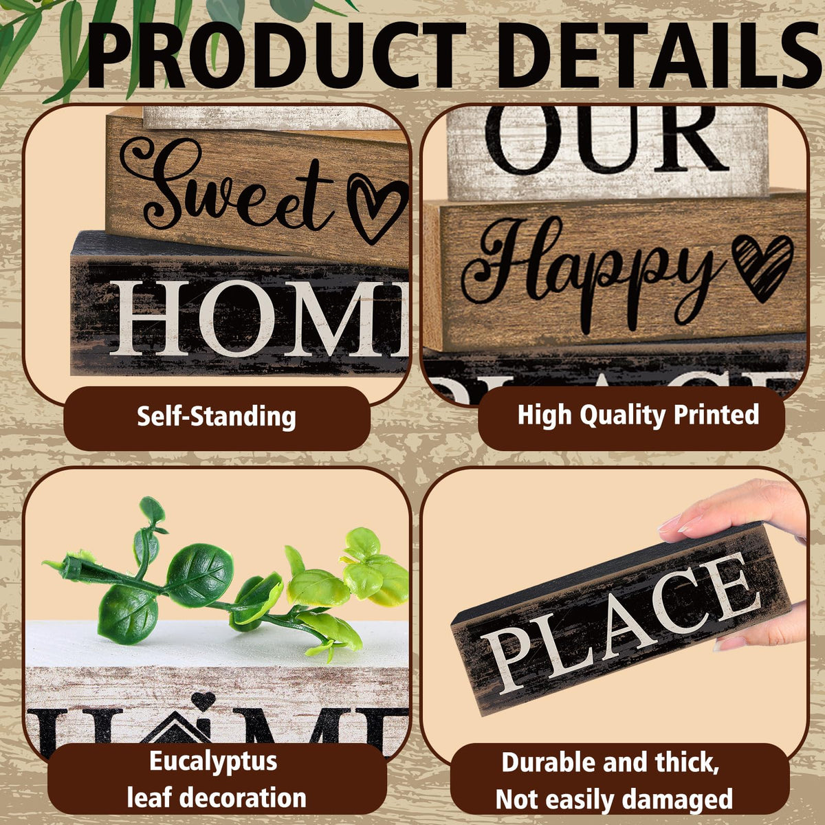 Briwooody 4 Pcs Farmhouse Wooden Table Decor Reversible Sweet Home Tiered Tray Decor Rustic Eucalyptus Leaves Wood Block Sign Gifts for Home Table Kitchen Shelf Decoration