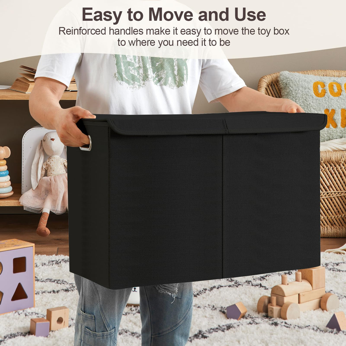 Roobyl Large Toy Storage Box with Lid, Collapsible Toys Storage Organizer Bins with Dividers and Handles, Storage Chest Bin for Kids, Boys, Girls, Nursery 25"x13" x16" (Black)