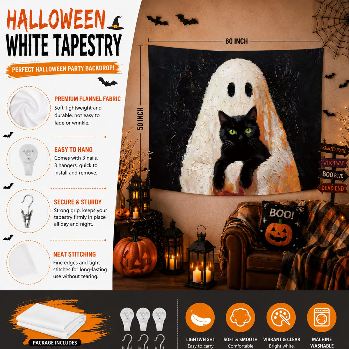 YTRG Spook Ghost Black Cat Tapestry, Halloween Tapestries Wall Hanging for Bedroom, Cat Ghost Tapestry Wall Decor Backdrop for Living Room Home, Black Cats Gifts for Women Girls Men, 50x60 Inch