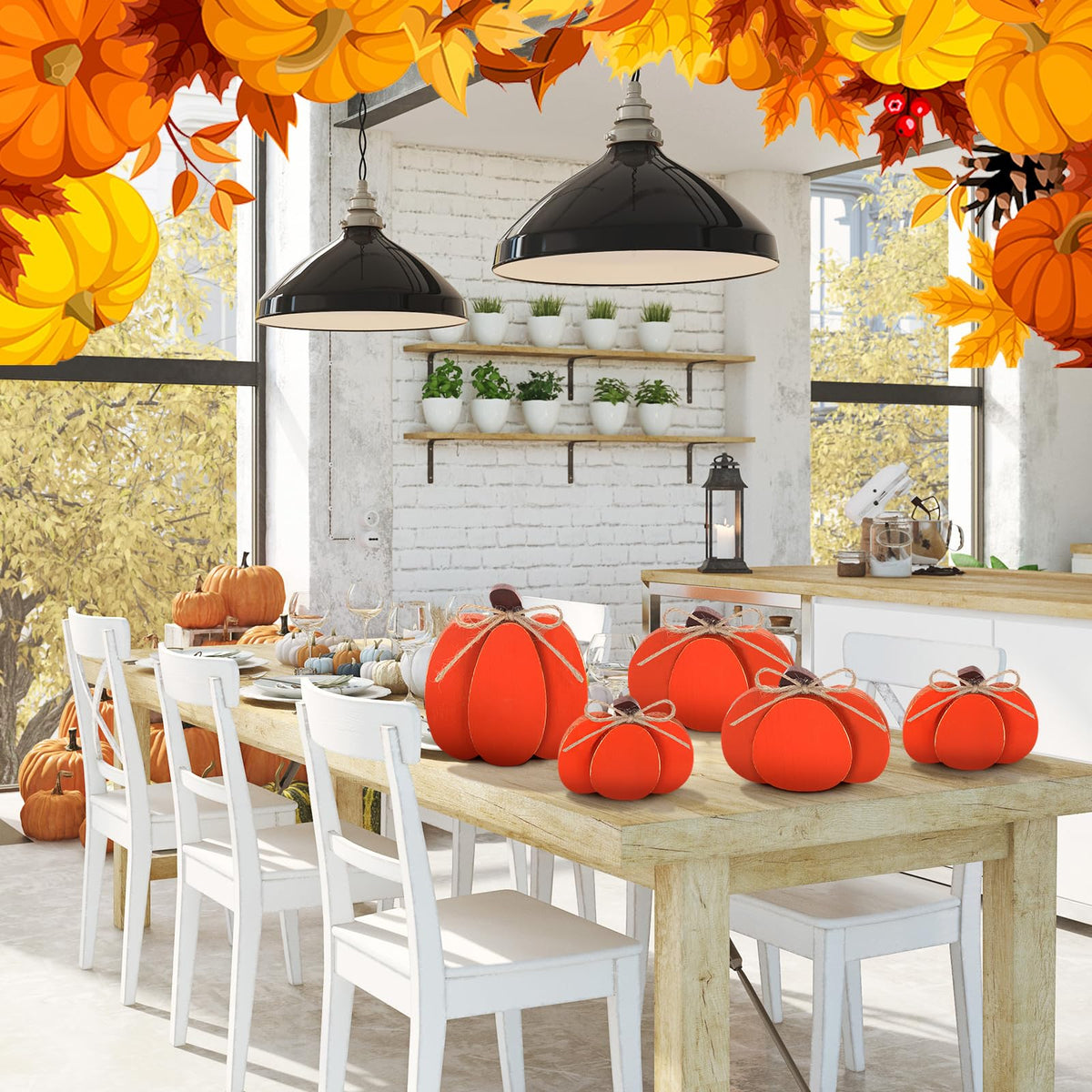 Thyle 5 Pcs Autumn Pumpkin Decor Fall Wooden Signs Autumn 3D Pumpkin Decor Fall Tabletop Decorations Rustic Farmhouse Tiered Tray Decorations for Home Block Sign Halloween Table Centerpieces