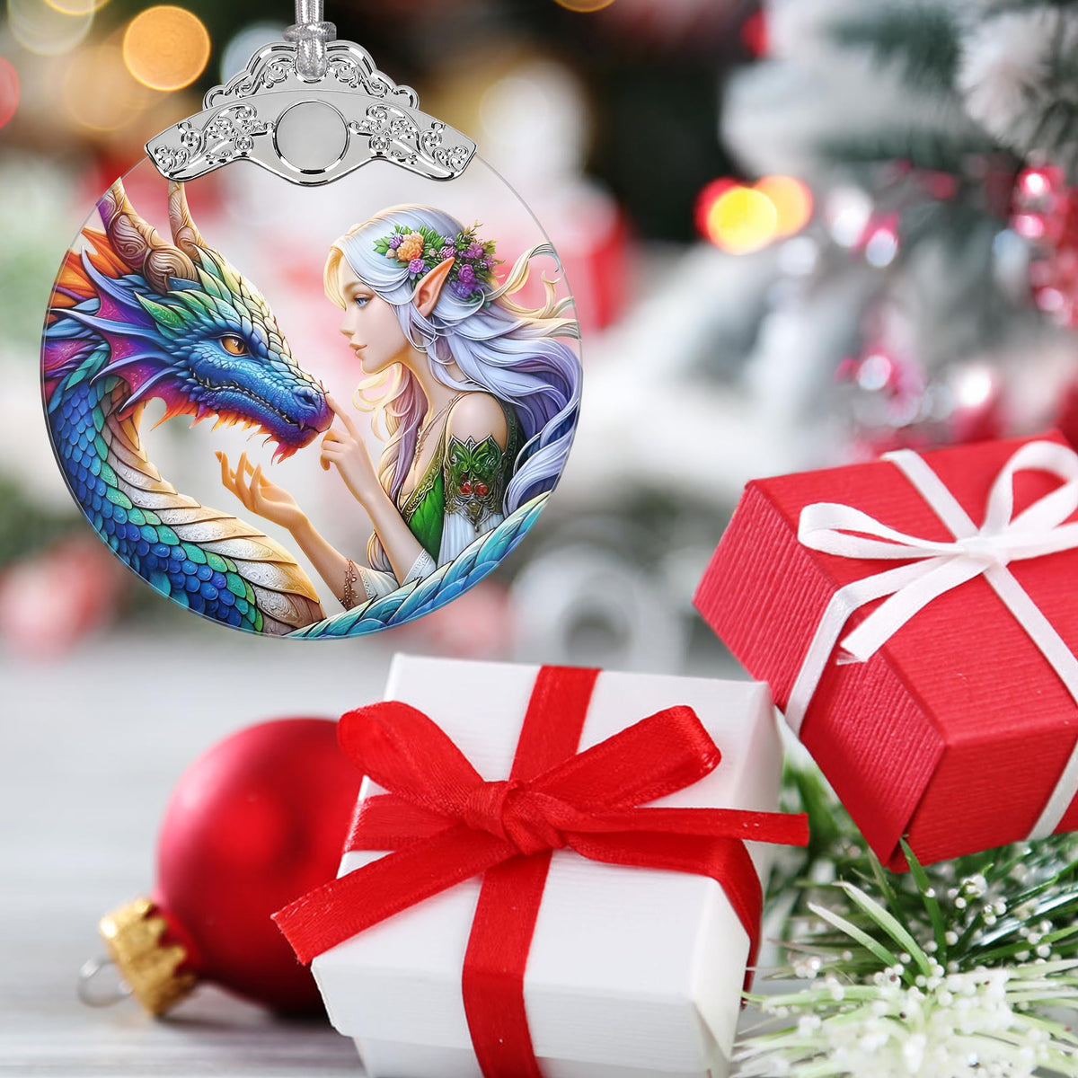Jocidea Enchanted Elf & Dragon Christmas Ornament - Stained Glass Hanging Decor - Tree Decoration - Gift for Friends, Sisters