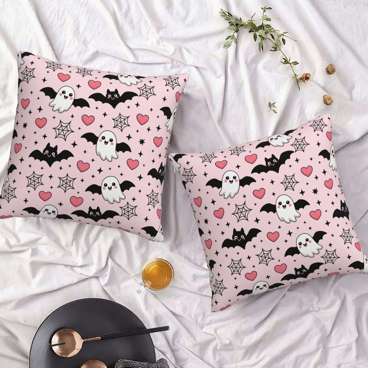 Halloween Pink Cute Ghost Bats Heart Decorative Pillow Covers 18x18 Inch Set of 2 Rustic Boho Flower Outdoor Throw Pillows Neutral Farmhouse Decoration Cushion Cases for Sofa Couch Bed Decor