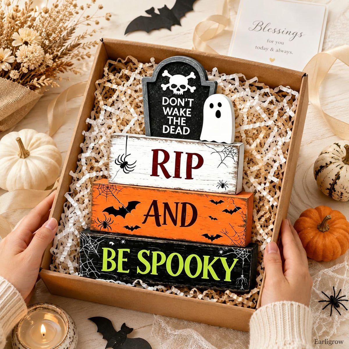 4 Pcs Halloween Table Decorations Ghost Tombstone Wooden Block Signs RIP and be Spooky Rustic Tiered Tray Decor Farmhouse Halloween Centerpiece with Bat for Home Kitchen Shelf Office Mantel
