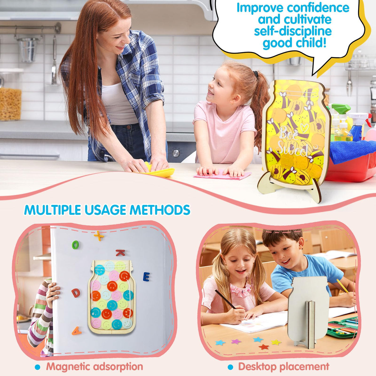 haotuntrek Magnetic Reward Jar with Star Jar for Kids - Classroom Reward Chart, Behavior Incentives System & Class Reward Tool for Home and Schoo (Bee)