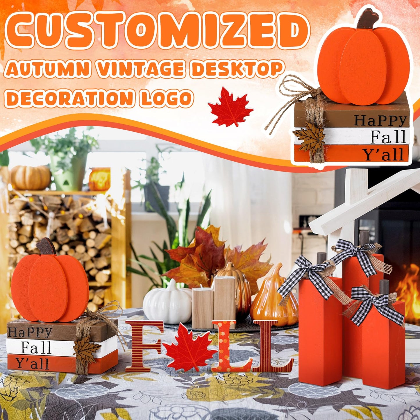 FoldTier 11pcs Thanksgiving Fall Decorations for Home Pumpkin Tiered Tray Decor Fall Table Decoration Maple Leaf Wooden Sign Autumn Pumpkin Tabletop Stack Faux Books Centerpiece for Shelf Harvest