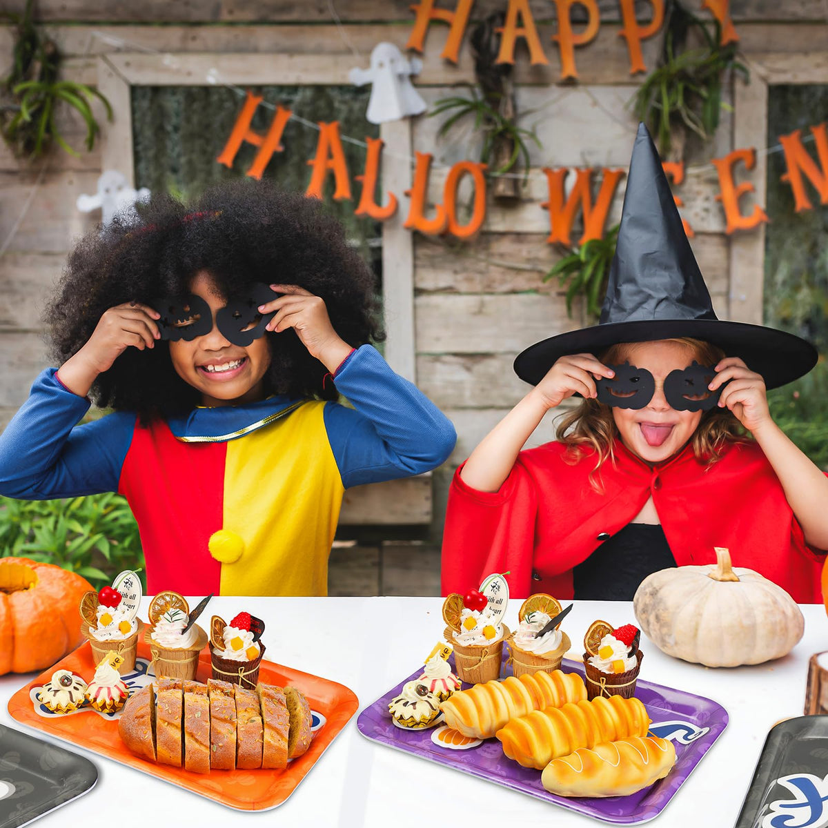 Zubebe 3 Pcs 13 x 10 Inch Halloween Serving Tray, Reusable Serving Dishes, Black Orange Purple Platter, Pumpkin Bat Witch Hat Trays, Snacks Fruit Dessert Candy Holder Dishes for Halloween Party
