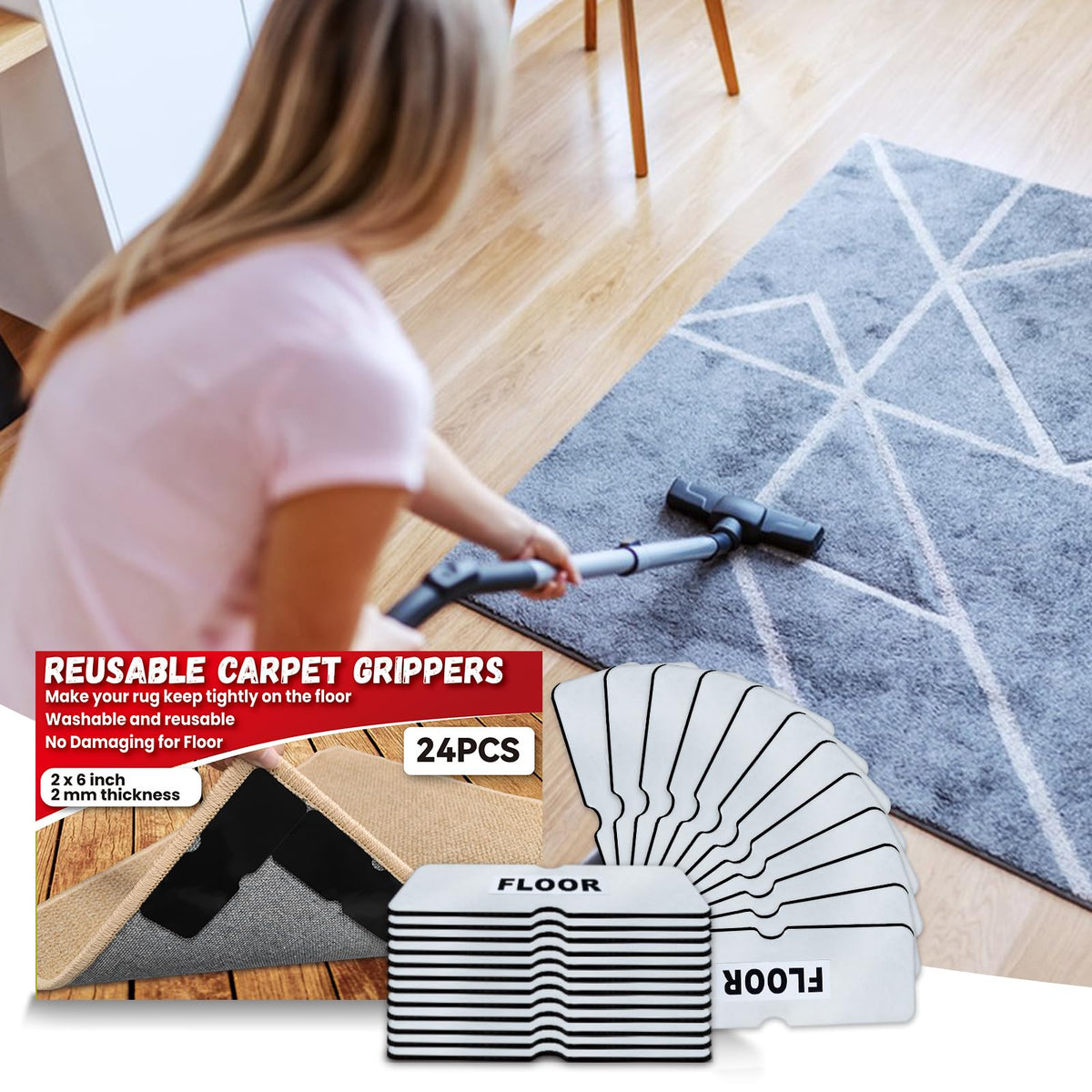 Rug Carpet Non Slip Grippers, Reusable Carpet Tape, No Damaging for Hardwood Floors, Strong Hold Rug Stickers for Area Rugs, Keep Corners Flat, Removable,16Pcs