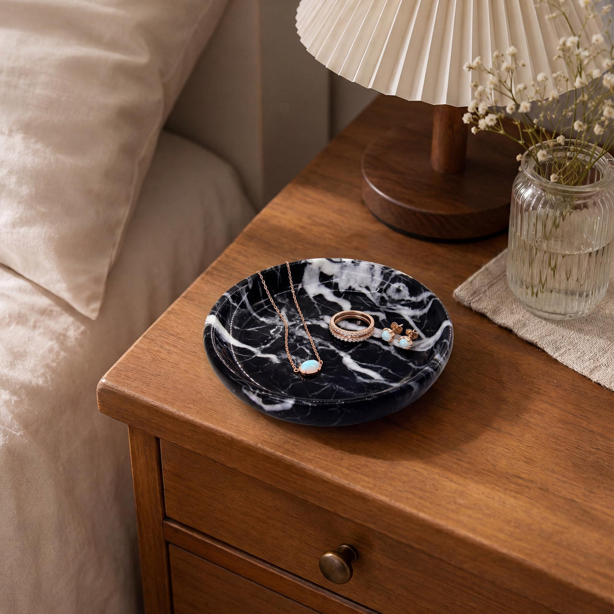 Small Natural Marble Jewelry Tray Key Plate Holder Dish Trinket Decor Catch All Bowl for Ring Earring Stone Gift for Women Daugther,Black,5.5"