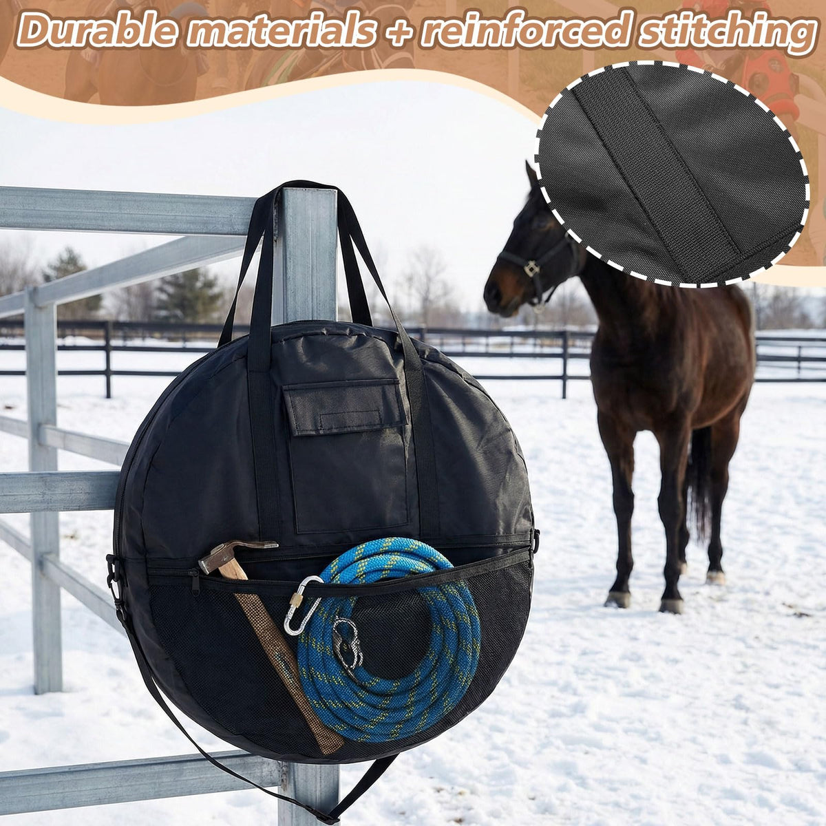 Shinylin 21 x 8 Inch Double Rope Bag with Strap for Trail and Working, Adjustable Strap Round Carry Bag for Roping Equipment Equestrian Accessories
