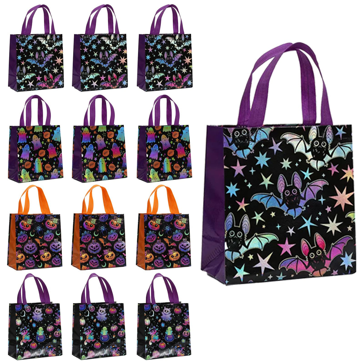 12Pcs Halloween Treat Bags, Medium Halloween Tote Gift Bags with Handles, Reusable Non-woven Bag for Candy Goodies Cookies Snacks, Trick-or-Treat or Horror-themed Party Favors Supplies(8.66 x 4.33 x 9.06 in)
