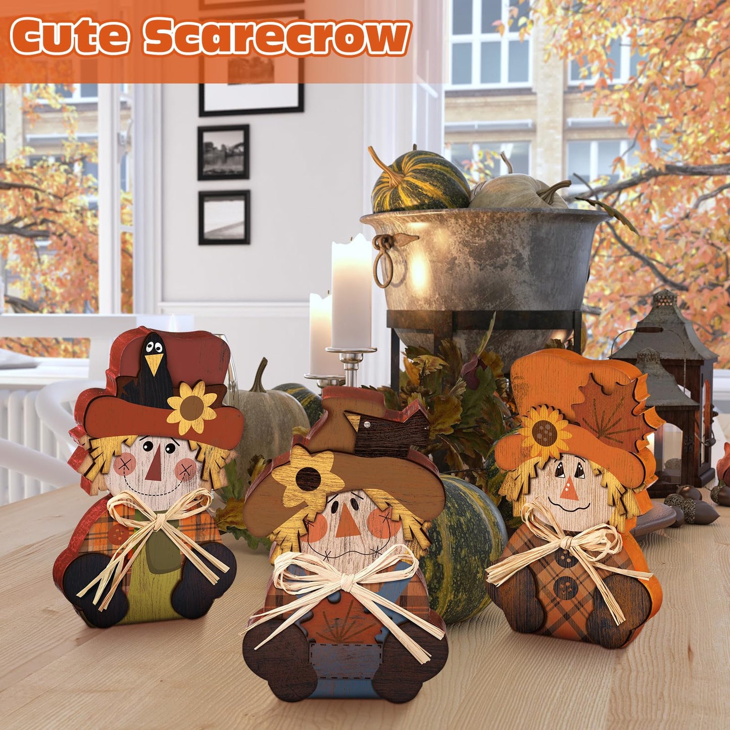 Ferraycle 3 Pcs Thanksgiving Scarecrow Decor Fall Decor Farmhouse Sign Rustic Tiered Tray Decorations Table Centerpieces Standing Pumpkin Turkey Wooden Block Sign for Home Kitchen(Scarecrow)