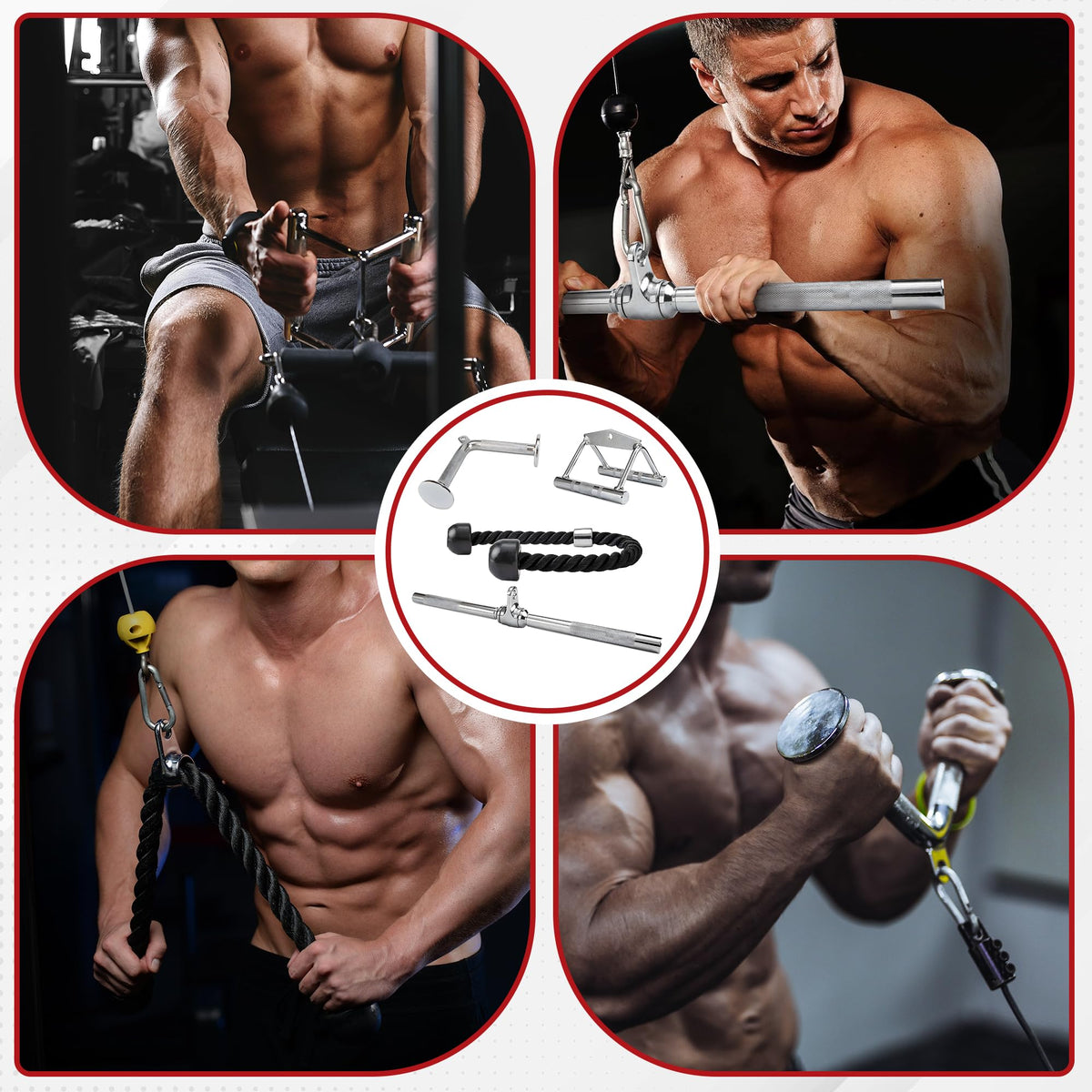 Fitvids Cable Machine Attachment – Tricep LAT Pull Down Cable Attachment for Gym – 4-Piece Set-Chrome – Chrome