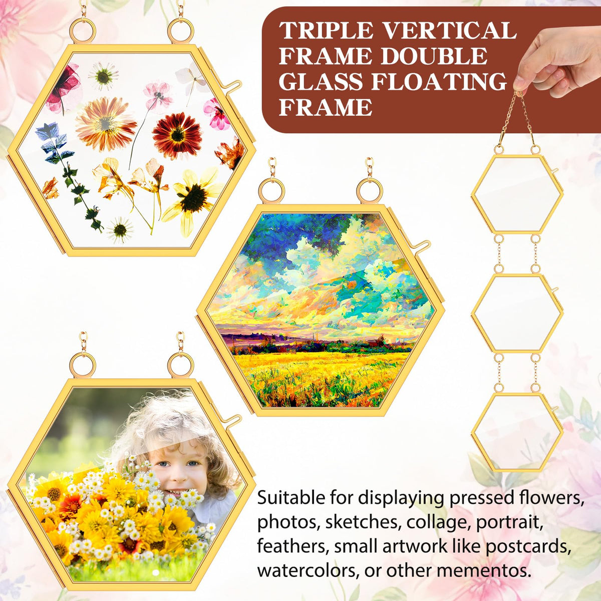 Marsui 3 Set Double Glass Frame Collage For Pressed Flowers with 9 Pcs 4 x 3 Inch Openings Gold Hanging Glass Floating Photo Frames for Artwork Display Photo Modern Home Wall Decor