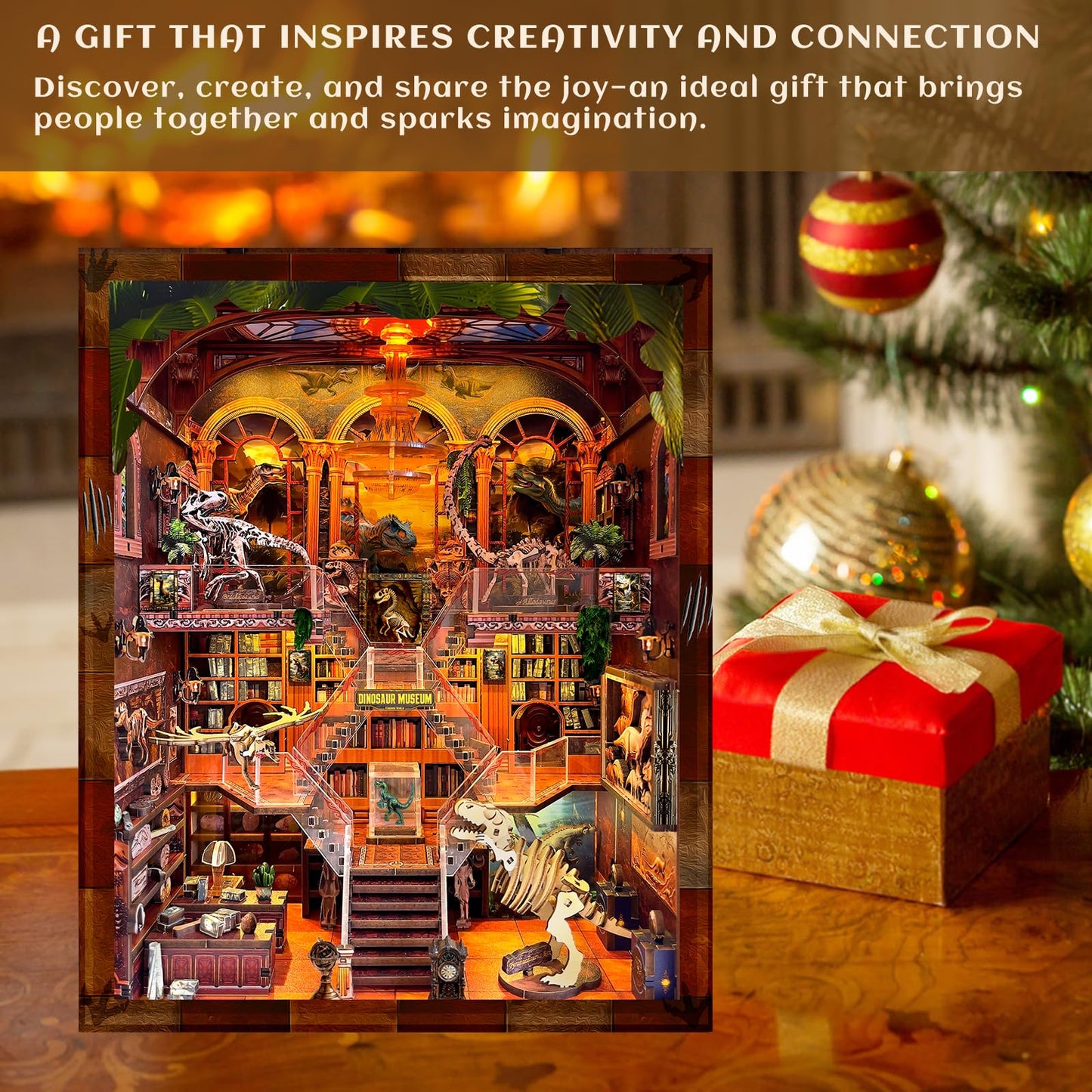 VORATHIS DIY Wooden Puzzle with Night Light, Miniature House Kits, Stunning Bookshelf Insert Decor, Ideal Gift for Holidays, Birthdays, and Home Library Decoration(Dinosaur Museum)