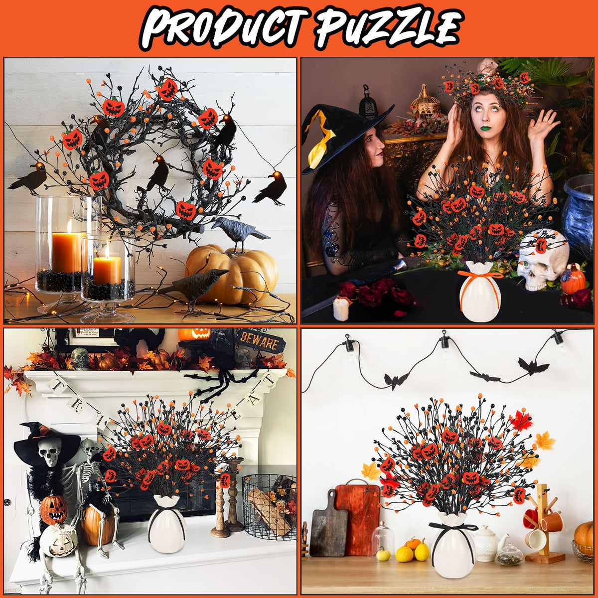JUNEBRUSHS 6 Pcs Artificial Pumpkin Stems with Black Branches and 2 Roll Ribbons for Halloween Vase Bouquet Arrangement Wreath Table Centerpiece Home Party Decor