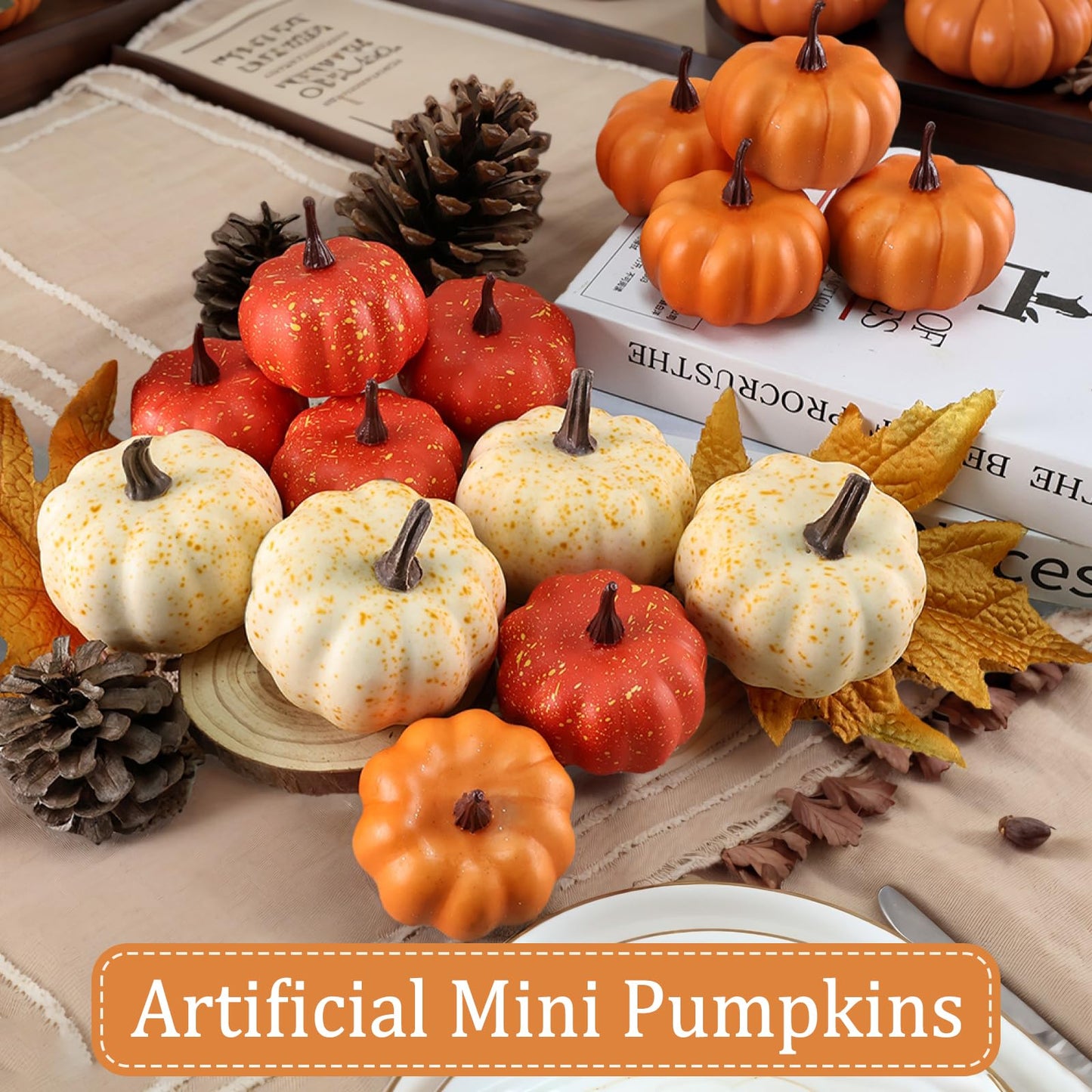 LZNPA 16PCS Artificial Mini Fake Pumpkins Set with Fall Leaves,Foam Plastic Carvable DIY Small White Craft Pumpkins Decor for Thanksgiving Halloween Home Fall Porch Table Decor