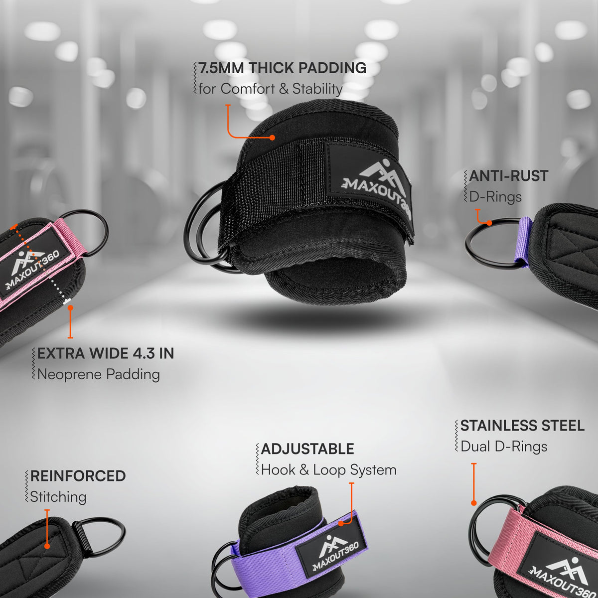 MaxOut360 Gym Ankle Straps for Cable Machines, Thick Padded Ankle Cuff Cable Attachment for Booty Workouts, Kickbacks, Hip Abductors, Lower Body Exercises, Purple Pair