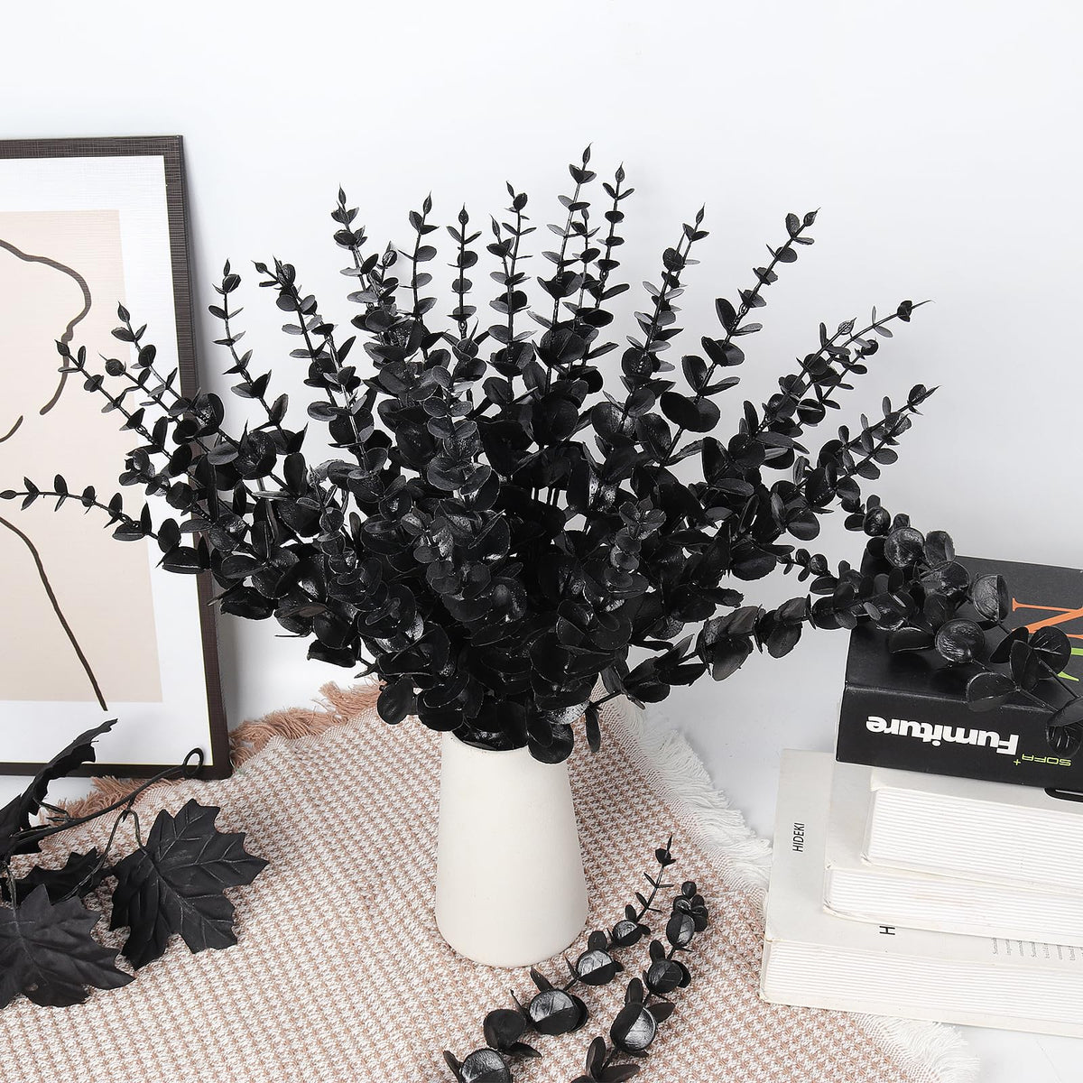 RECUTMS 36Pcs Black Eucalyptus Leaves Stems Artificial Eucalyptuses Leaf Branches for Halloween Picks Autumn Fall Floral Arrangement Wedding Centerpiece Flower Bouquet Home Office Decoration