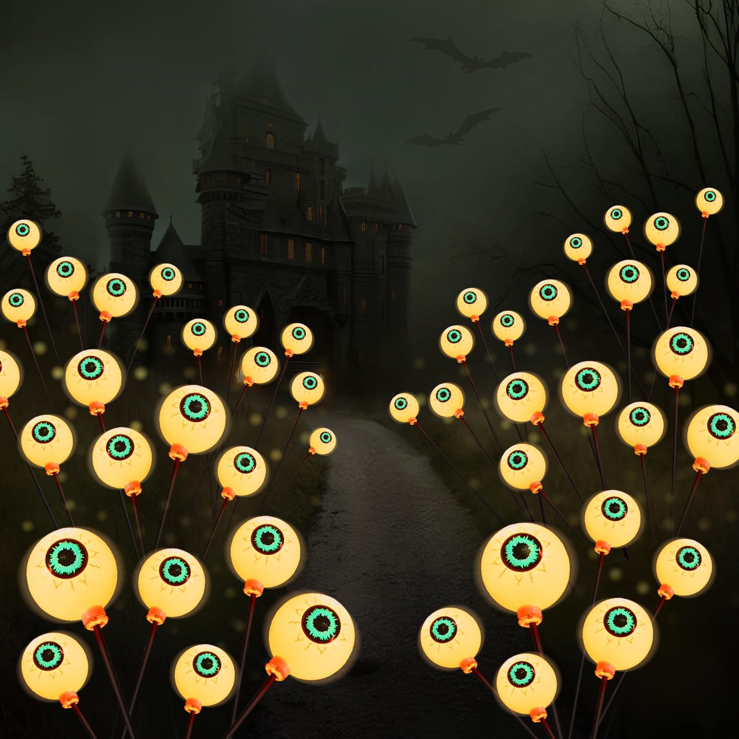 JOYIN Halloween Decorations Outdoor Solar Scary Eyeball Lights, 8 Pcs 48LEDs Warm Pathway Yard Stakes, Waterproof Firefly Lights for Halloween Graveyard Yard Garden Patio Walkway Party