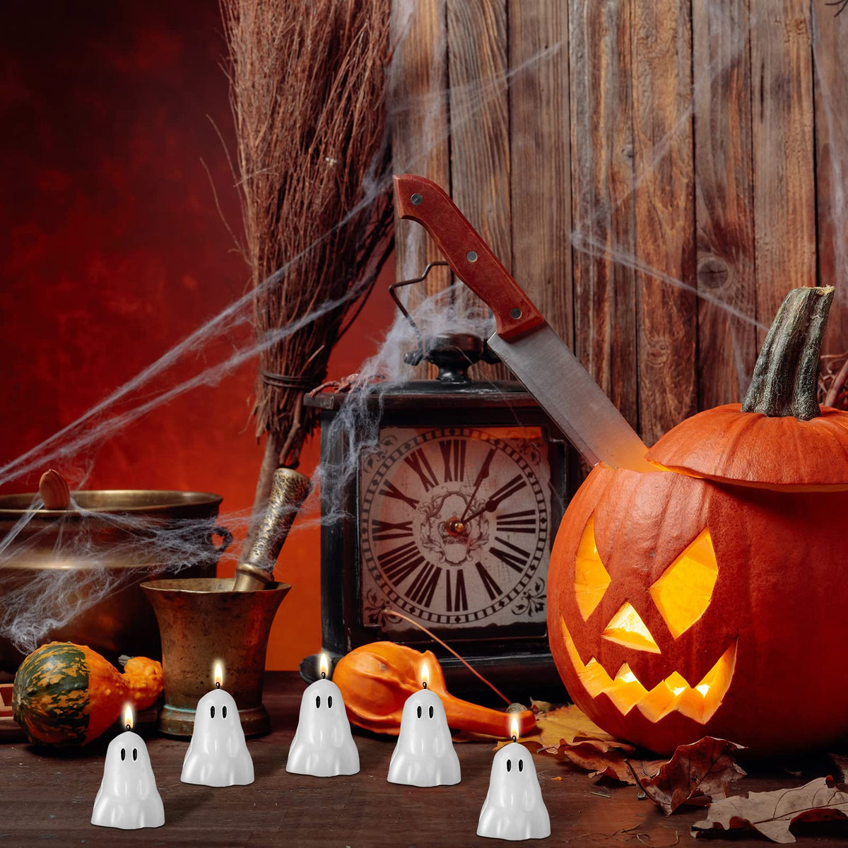 Jutom 10 Pcs Halloween Ghost Candles White Burning Candles Soy Wax for Halloween Home Table Party Decorations(Classic)