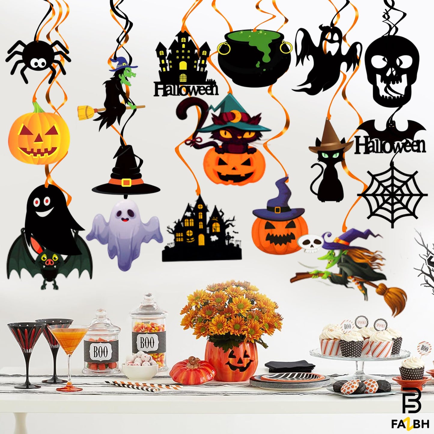 Halloween Swirls and Honeycombs - Pack of 61 | Halloween Centerpieces for Tables, Hanging Decorations, Hanging bat