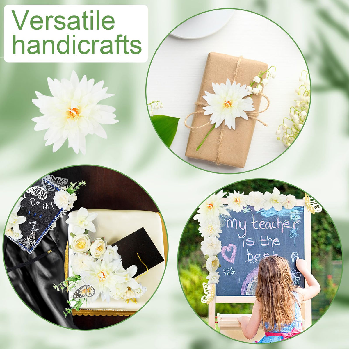 TKNOUS White Flower DIY Graduation Cap Decorations - Artificial Flower Heads, 3D Butterfly & Alphabet Letter Stickers, Glitter Paper for Art DIY Hat Grad Cap Topper
