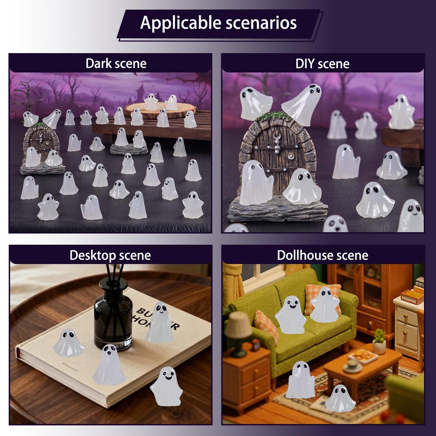 Cutecutedy 60Pcs Mini Resin Ghost Figurines,Tiny Little Ghosts for Halloween Decor,Cute Spooky Vase Filler,Tiered Tray & Table Centerpiece,Miniature Party Favors,Home Decor(Luminous)