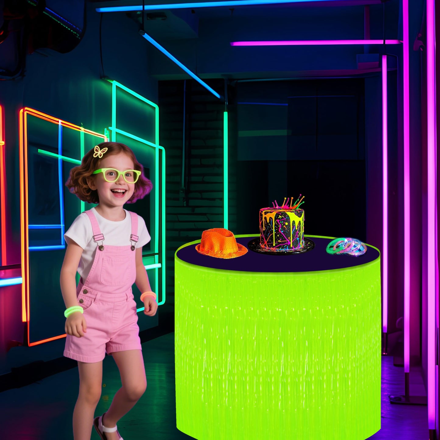 Glow in the Dark Party Supplies - 6Pack Neon Tinsel Fringe Table Skirts Party Decoration, 31.5"x118" UV Reactive & Fluorescent Neon Streamers for Birthday, Rave, Blacklight & Glow Event