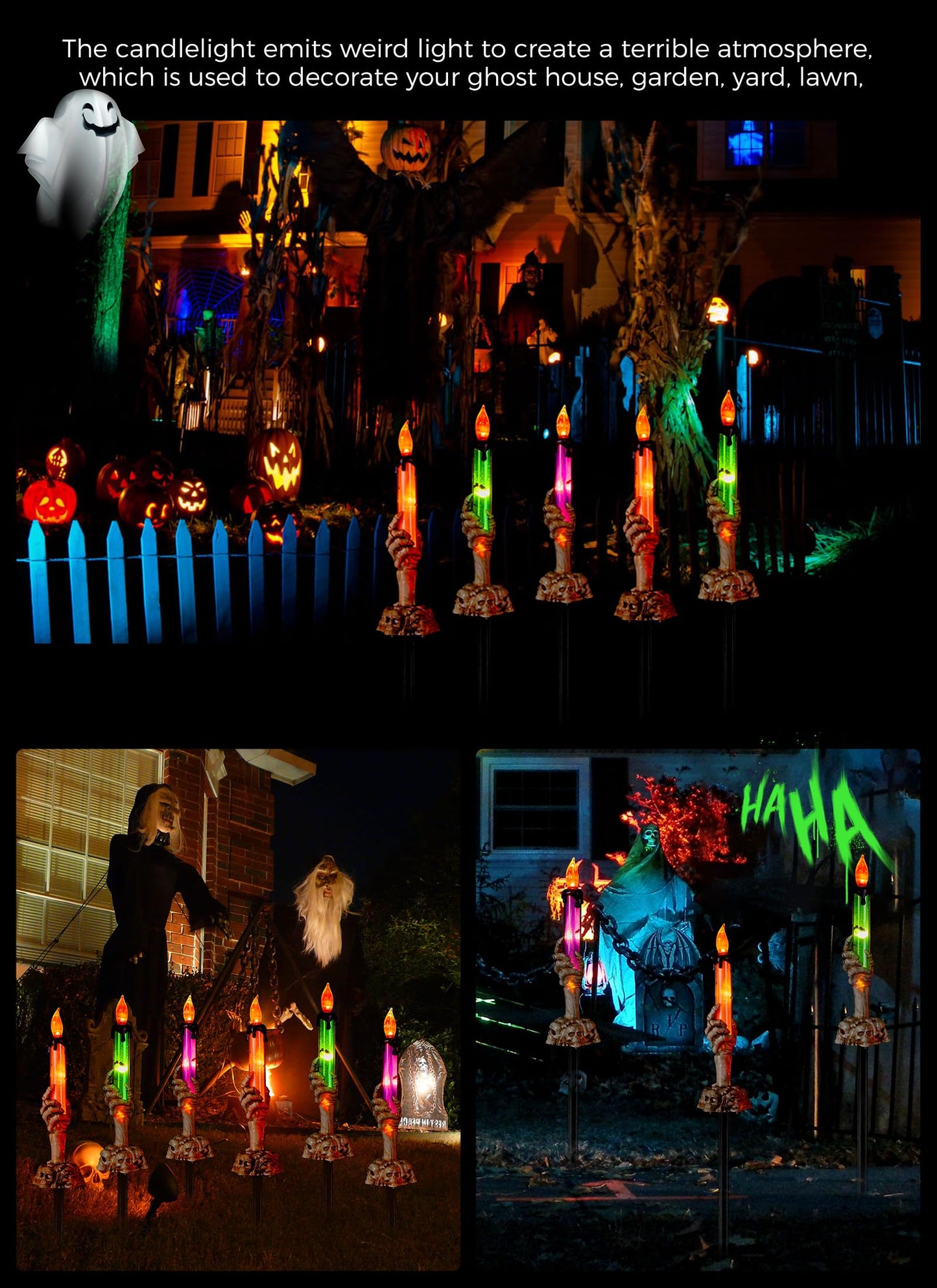 Halloween Decorations, 6 Pack Skeleton Hands Hold Lighted Candle Stakes, Waterproof Battery Operated Pathway Decor with Timer, Light Up for Tabletop Indoor Outdoor Party Lawn Yard Garden Warm White