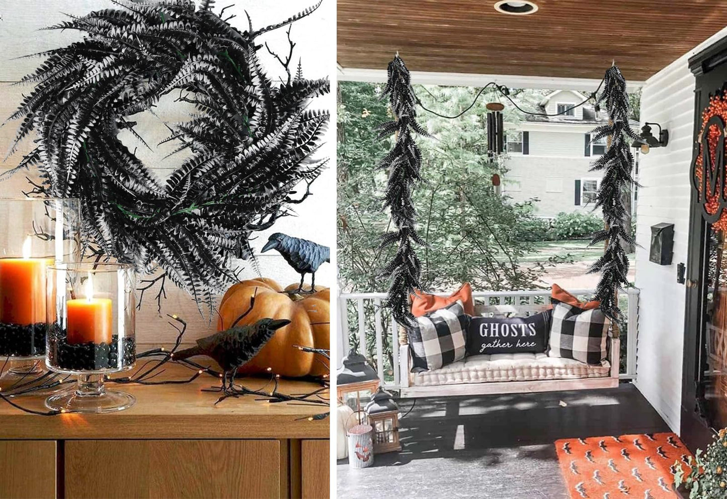 RECUTMS 2pcs Black Garland Artificial Boston Palnts 6 FT Fern Garland Faux Hanging Greenery Halloween Wreath for Outdoor Indoor Halloween Decor (Black White)