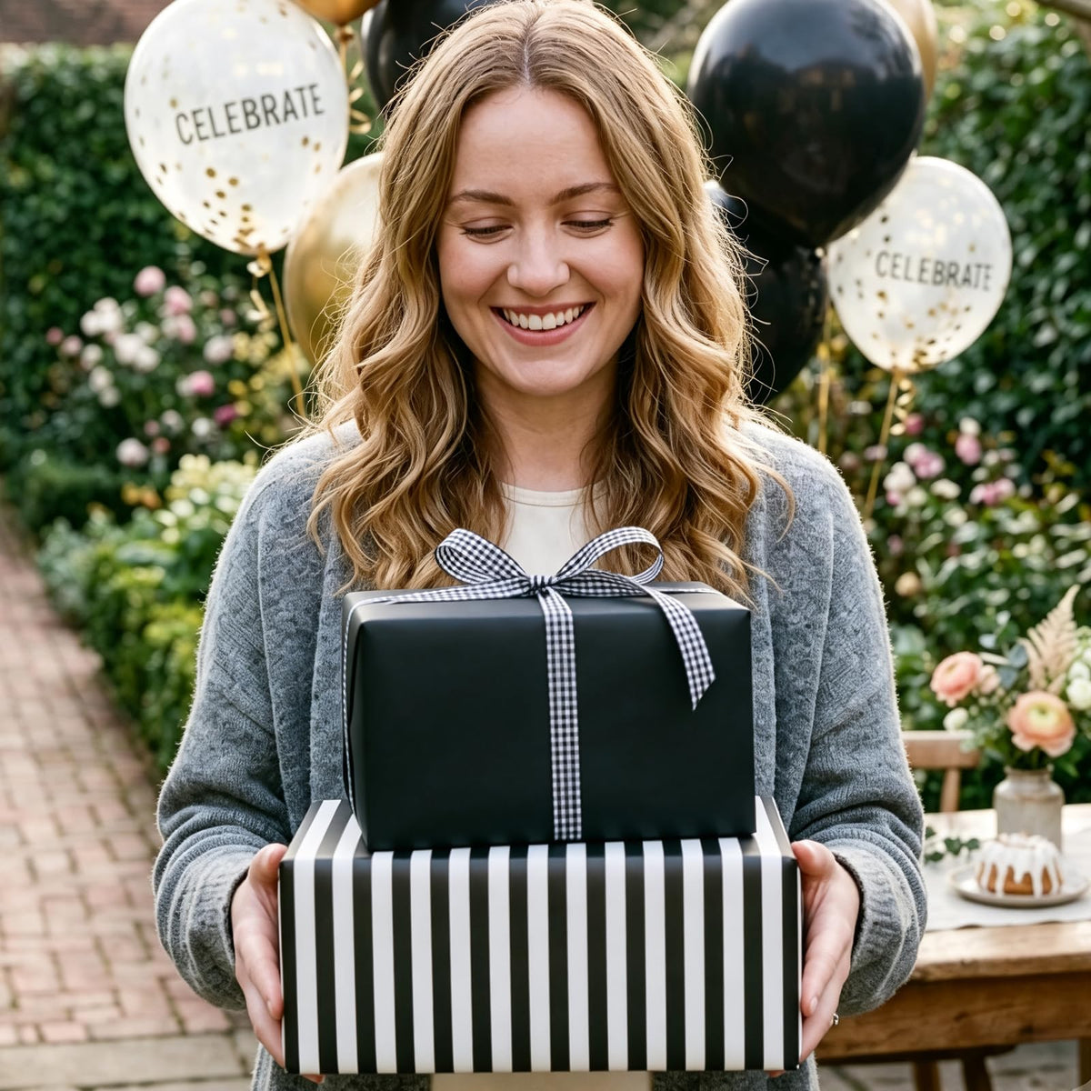 Homeral Black Wrapping Paper Roll - 17 In x 33 Ft Matte Metallic Solid Color & Black and White Stripe Reversible Gift Wrapping Paper for Birthday, Christmas, Father's Day, Graduation, DIY Bouquet