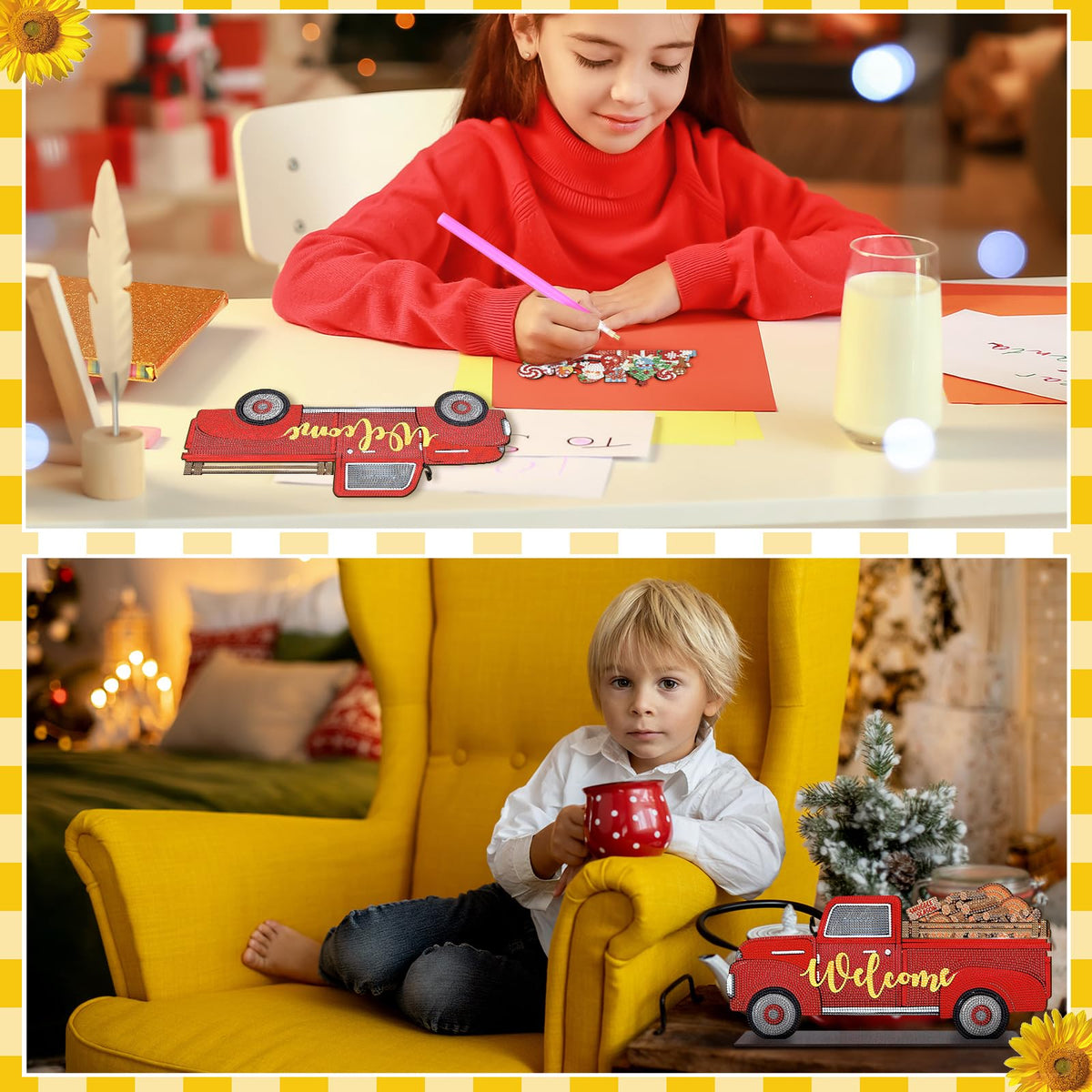 Burbell 13 Pcs Interchangeable Diamond Painting Art Welcome Signs Truck Stand Table Decor DIY Holiday Seasonal Tiered Tray Decoration Diamond Art Ornament Kits with 12 Holiday Icons for Home Wall