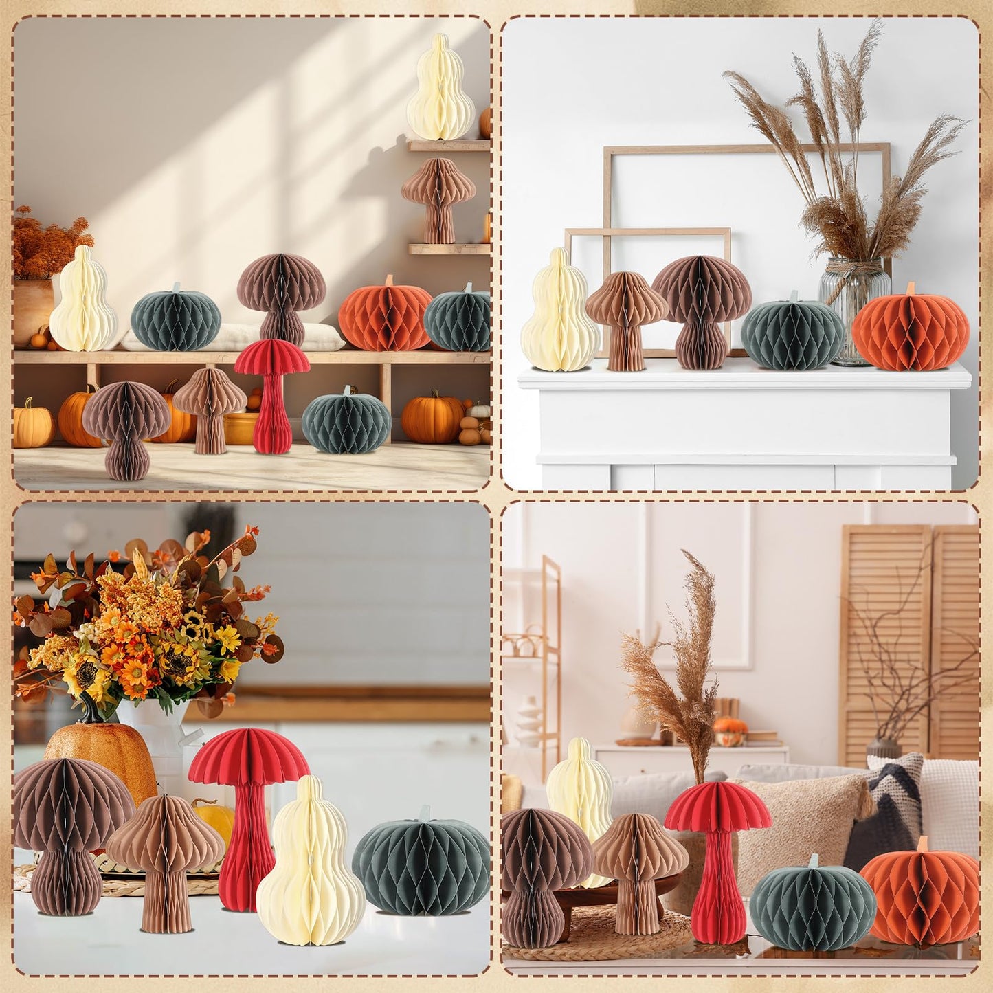6 PCS Fall Honeycomb Centerpieces Decorations 3D Paper Pumpkin Mushroom Table Decor with Magnet for Thanksgiving Autumn Holiday Party Home Kitchen Table Decorations
