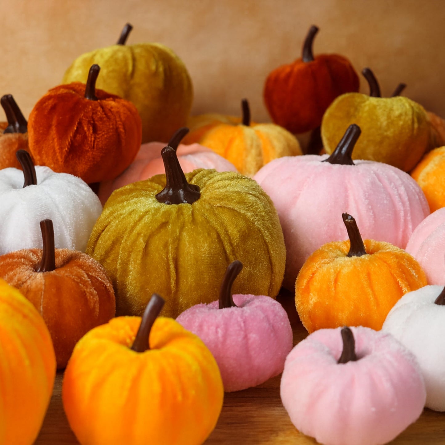 FAFVBING 12 Faux Flocked Pumpkins, Perfect for Fall Harvest, Halloween, or Thanksgiving Table Centerpieces(12, Orange, Yellow, and Crimson)