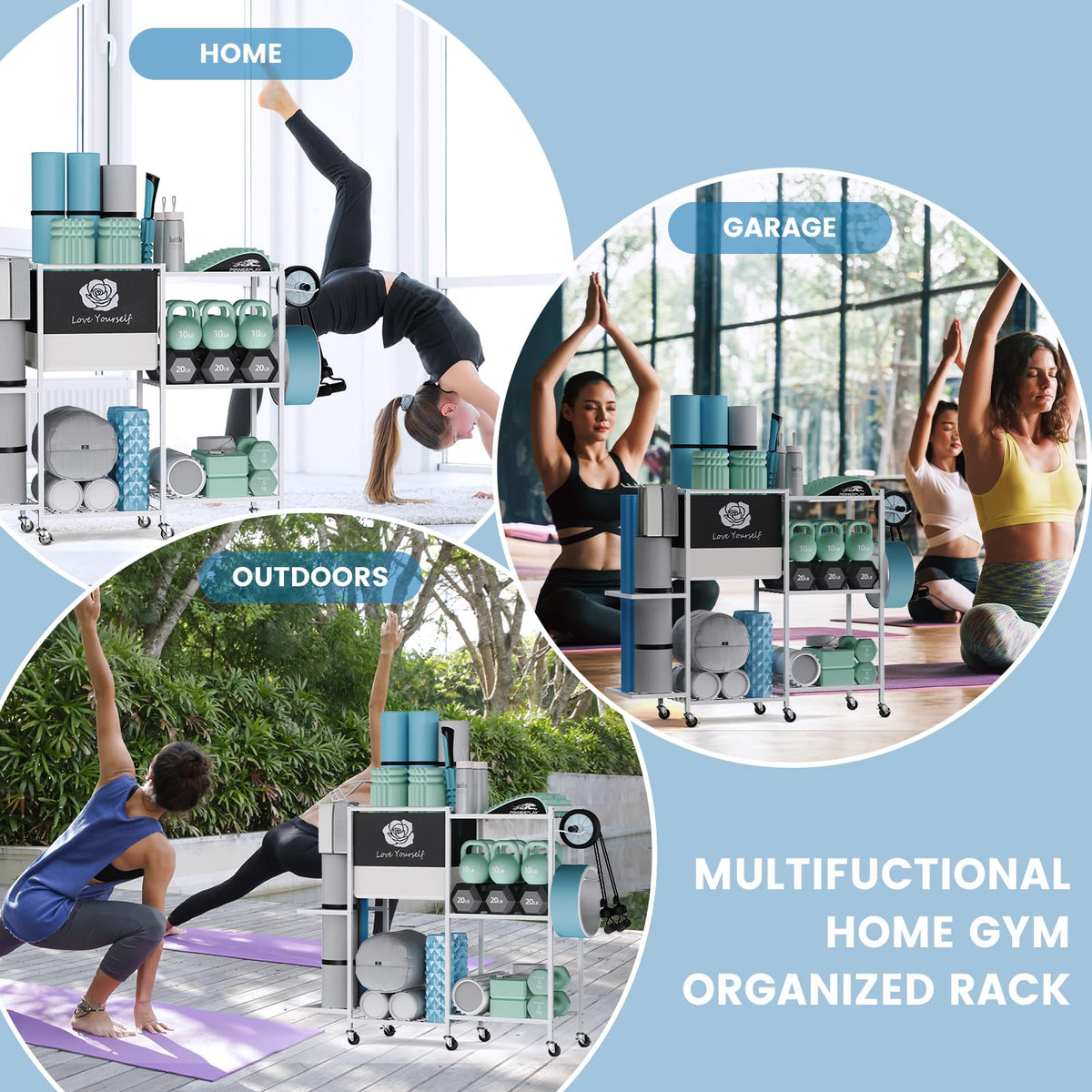 Yoga Mat Storage Rack,Home Gym Storage Rack Gym Workout Equipment Storage Organizeron Wheels for Yoga Mat,Yoga Block,Foam Roller and Workout Accessories (Beige)