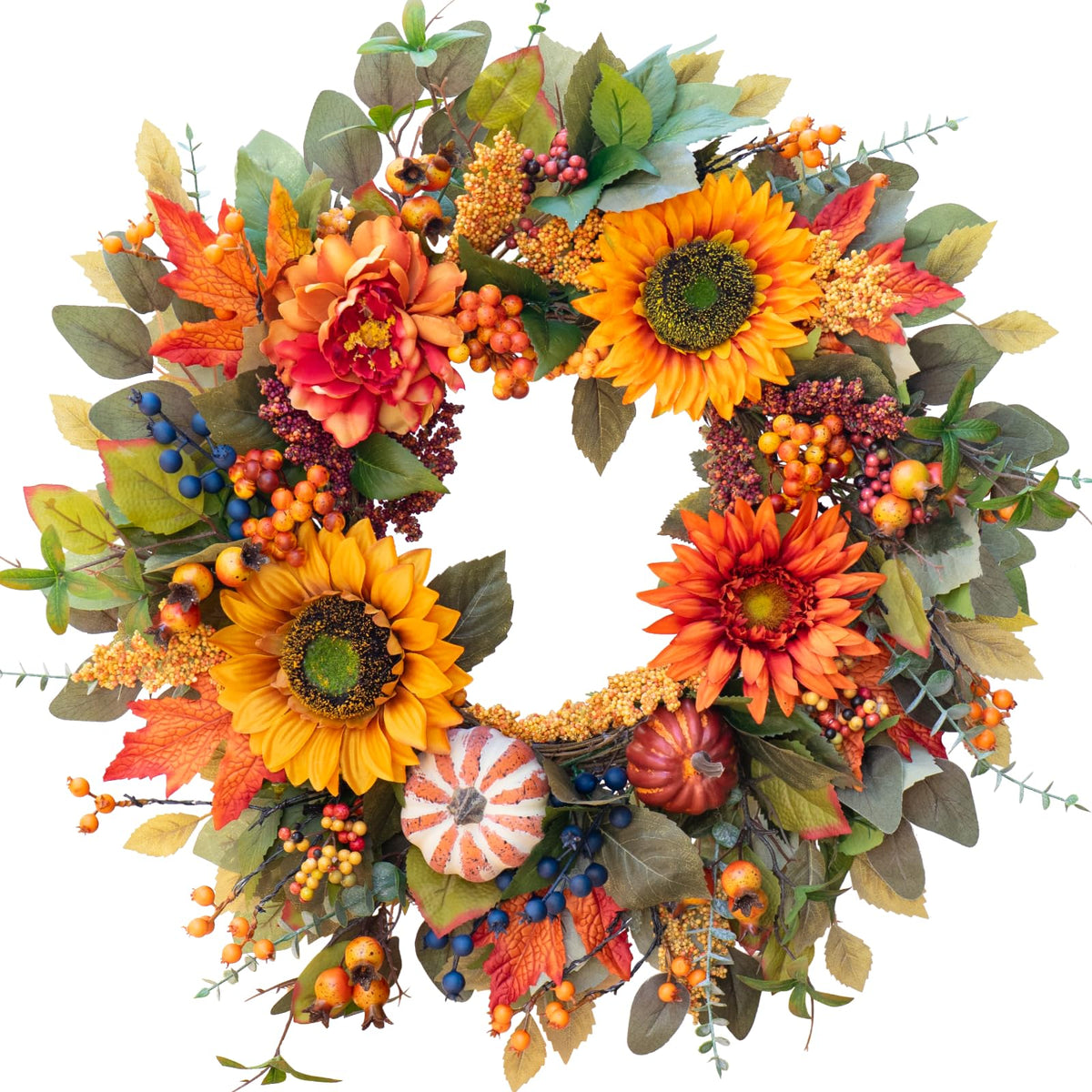 Fall Wreaths for Front Door β 24 Inch Autumn Wreath with Pumpkins, Sunflowers, Berries & Maple Leaves β Fall Door Wreath for Outdoor Thanksgiving, Halloween & Harvest Decor