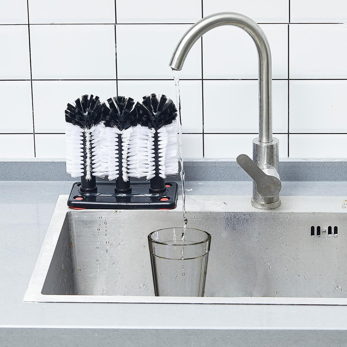 Havawish 1 Pack Water Bottle Cleaning Brush with Suction Base, 3 Head Bristle Bar Glass Washer for Sink, Cup Washer Brush Cleaner for Bar Beer Cup, Wine Glass(7.3 x 3.7 x 7.5)