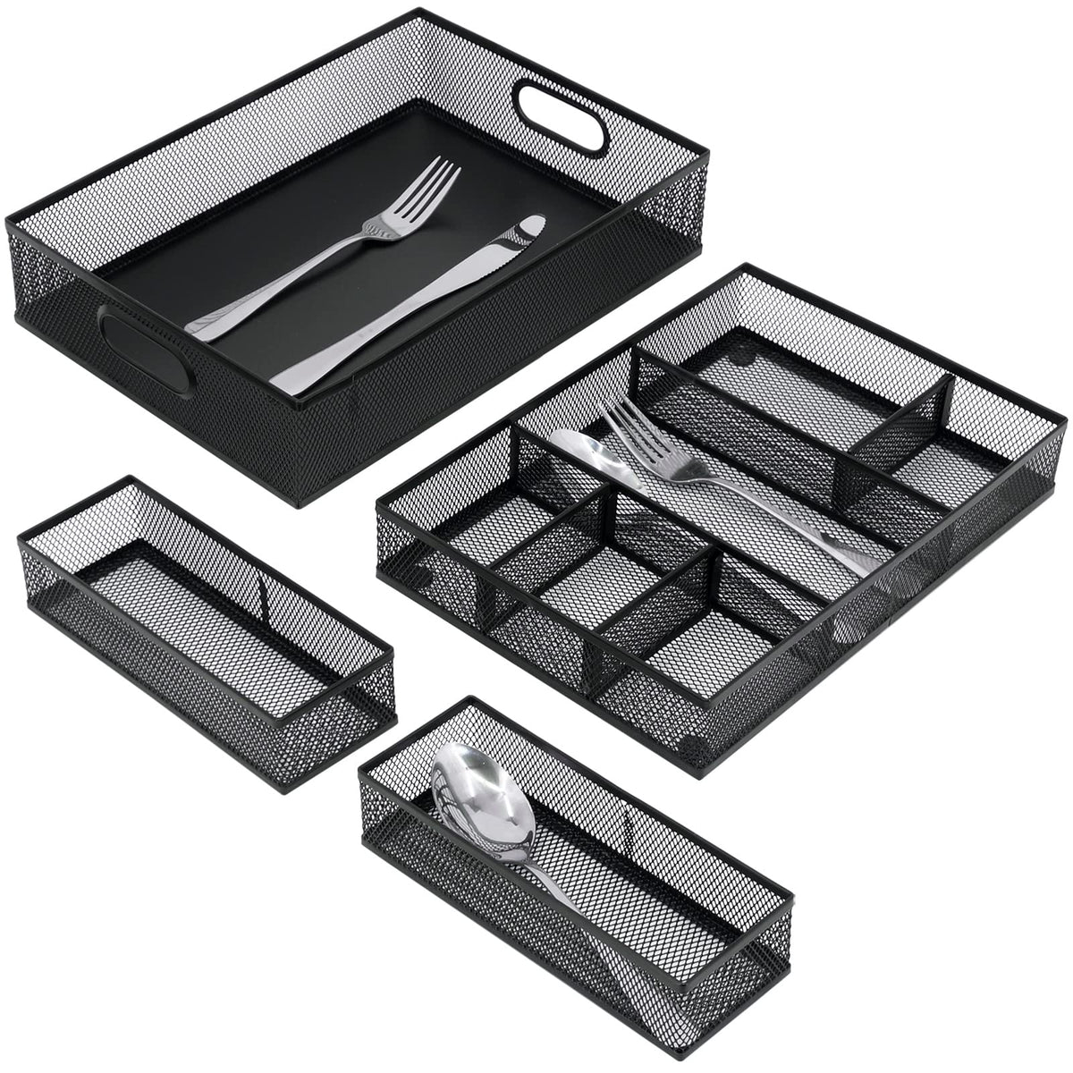 Neudeco Desk Drawer Organizer, 4 Pack Metal Mesh Drawer Organizer Set with Adjustable Dividers, Stackable Pen Organizer for Desk Drawer, Office Supplies Organizer, Black